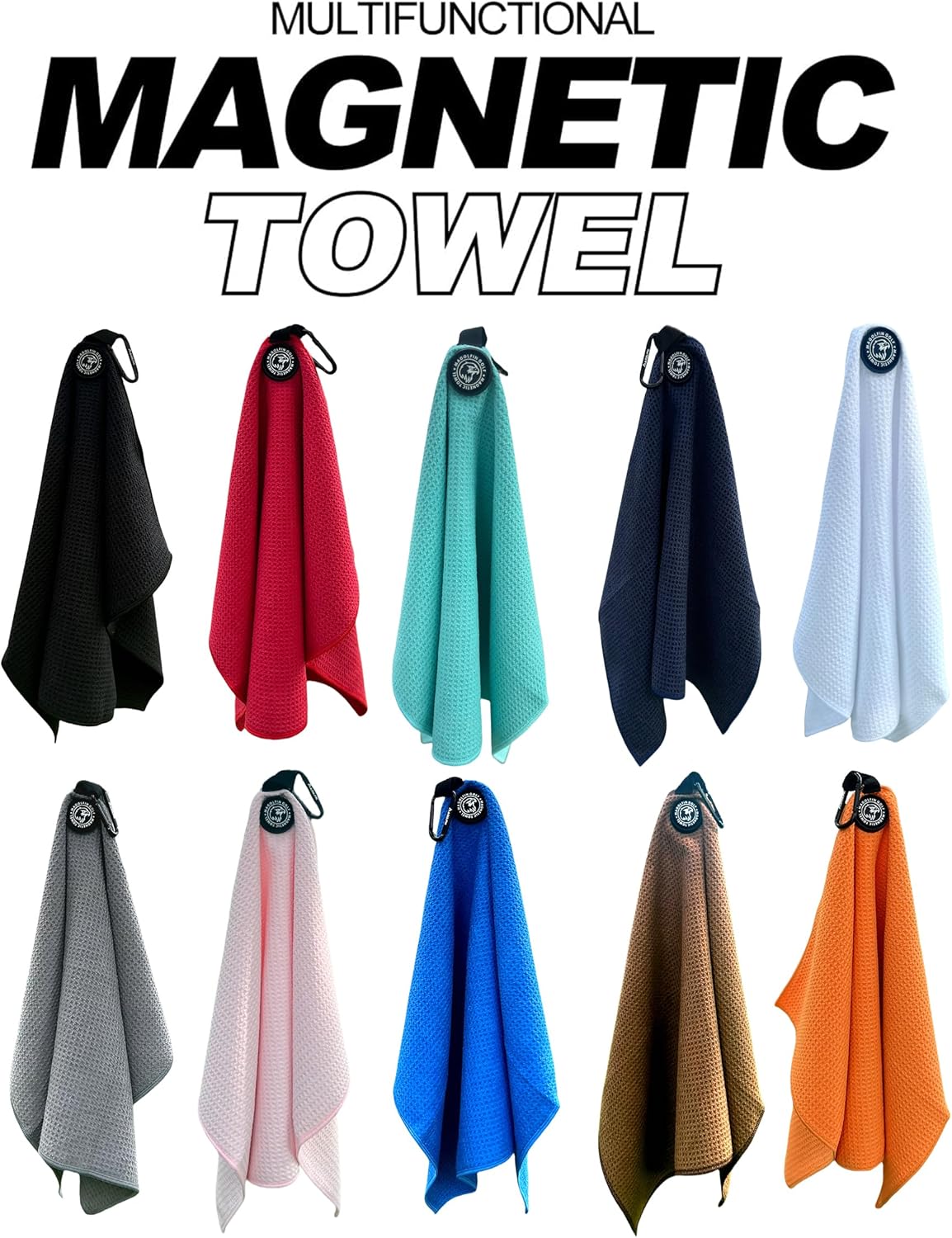 Magnetic Golf Towel with Clip, Microfiber Waffle Design - Industrial Strength Magnet for Strong Hold to Golf Bags, Carts & Clubs - Brown
