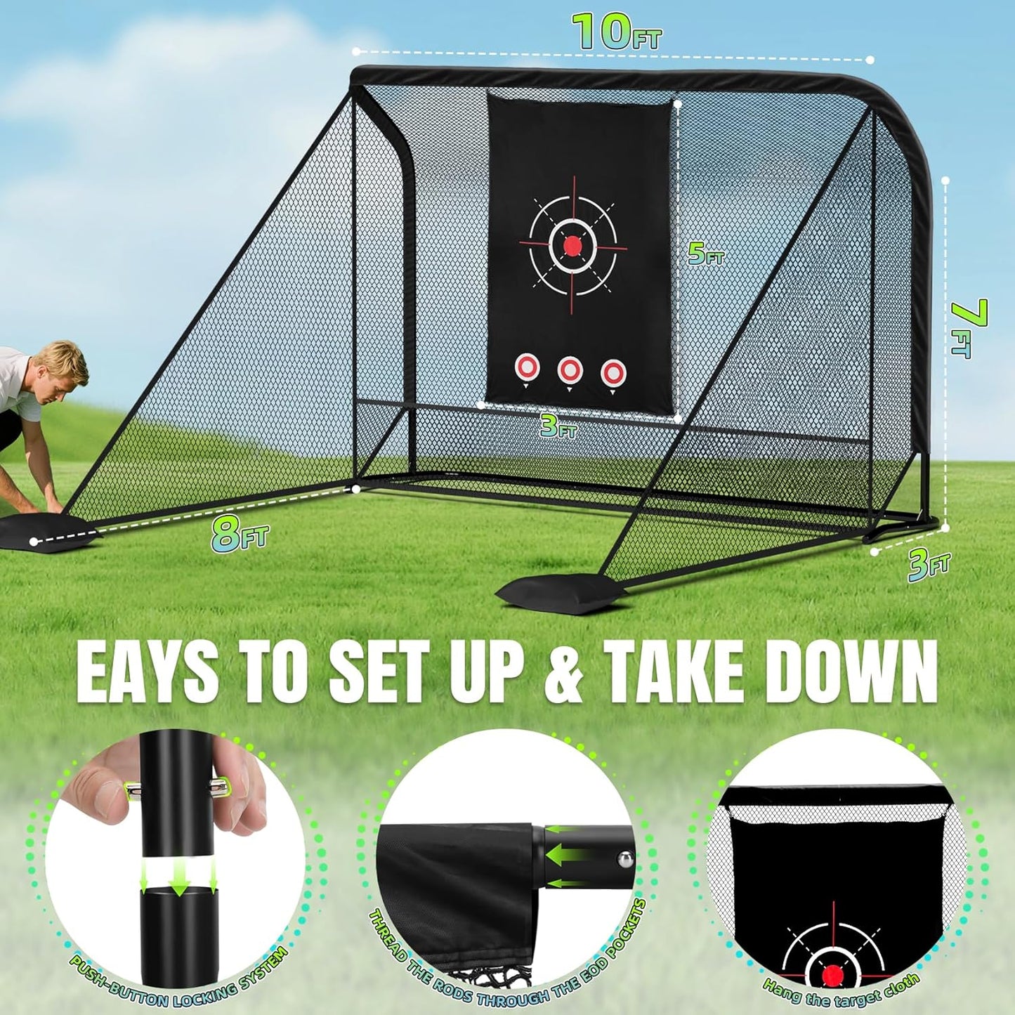 10x7FT Golf Practice Hitting Net, Heavy Steel Frame, Side Barriers, Low-Noise Target Cloth, for Backyard Driving Chipping Swing Training, Indoor/Outdoor Driving Range with Carry Bag