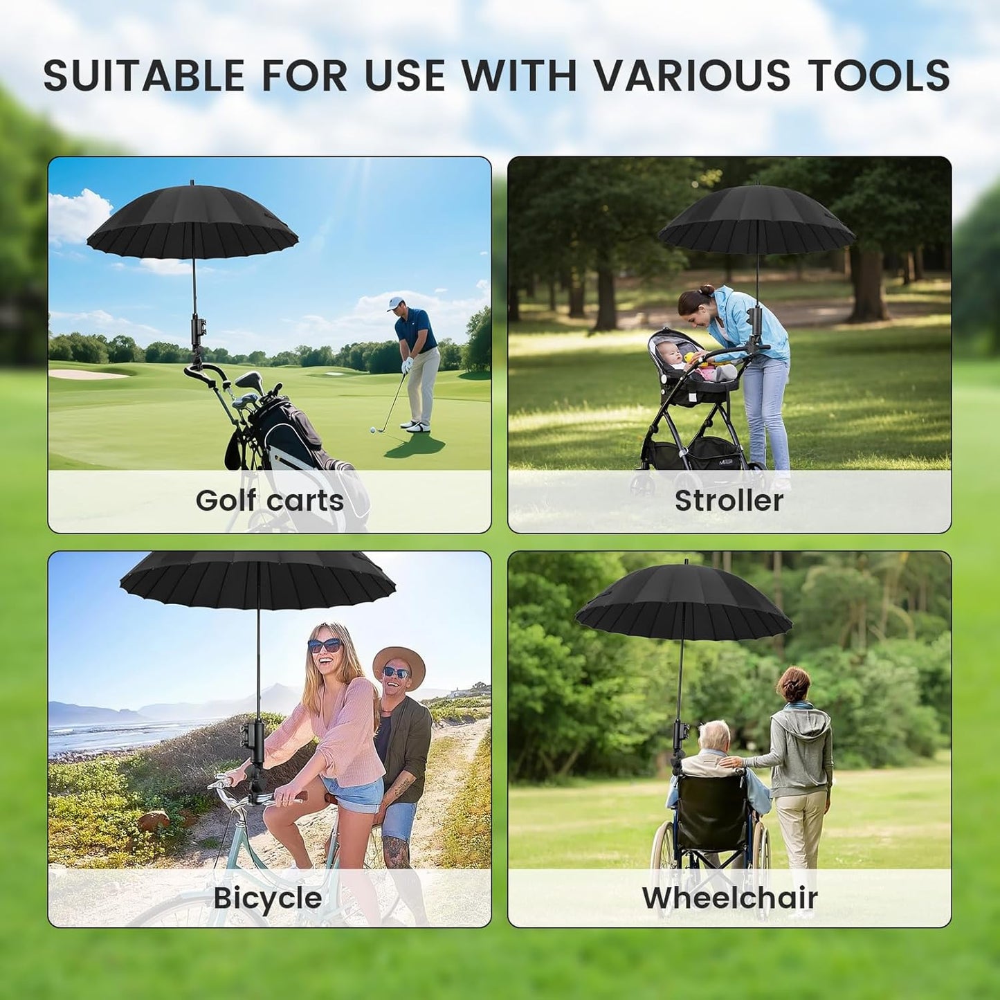 Golf Push Cart Umbrella Holder - Heavy-Duty Umbrella Stand with Double Knob, 180 Degrees Adjustable, Universal Strong Windproof Umbrella Holder for Mobility Scooter/Stroller/Wheelchair/Beach Chair