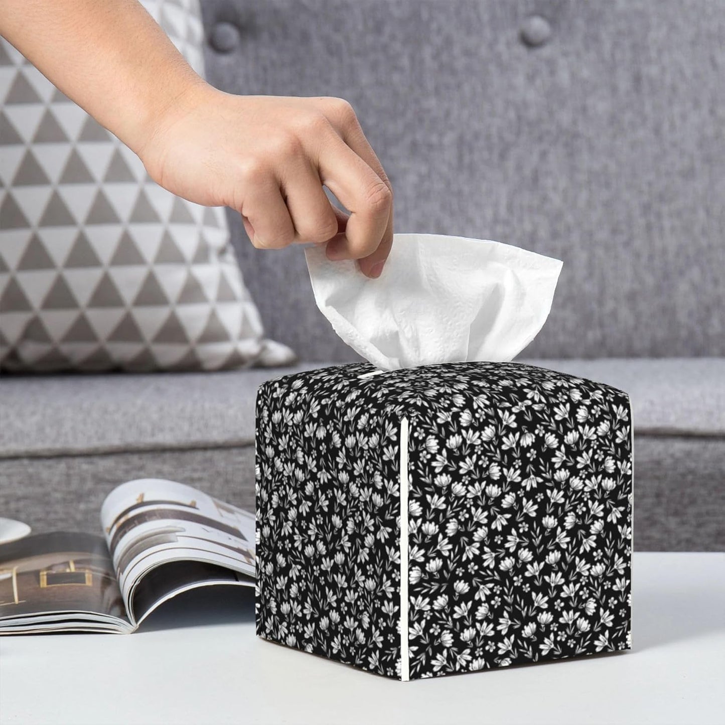 Leather Tissue Box Holder Black and White Flowers Tissue Box Cover Square Waterproof Tissue Holder Organizer Modern Napkin Holder for Bedroom Dresser Night Stand Office Desk