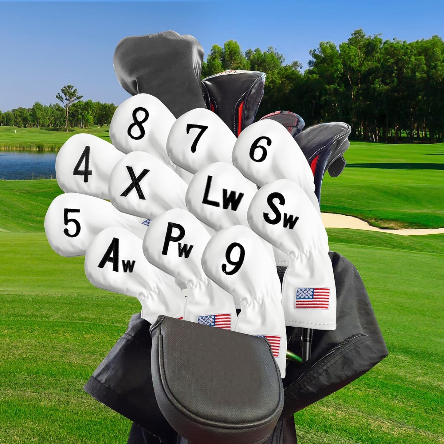 Golf Iron Covers Set US Flag Leather for Irons Value 11 Pack, Long Neck Protector Number Headcover, Universal Head Cover Fit Main Iron Clubs for Men Women Golfer