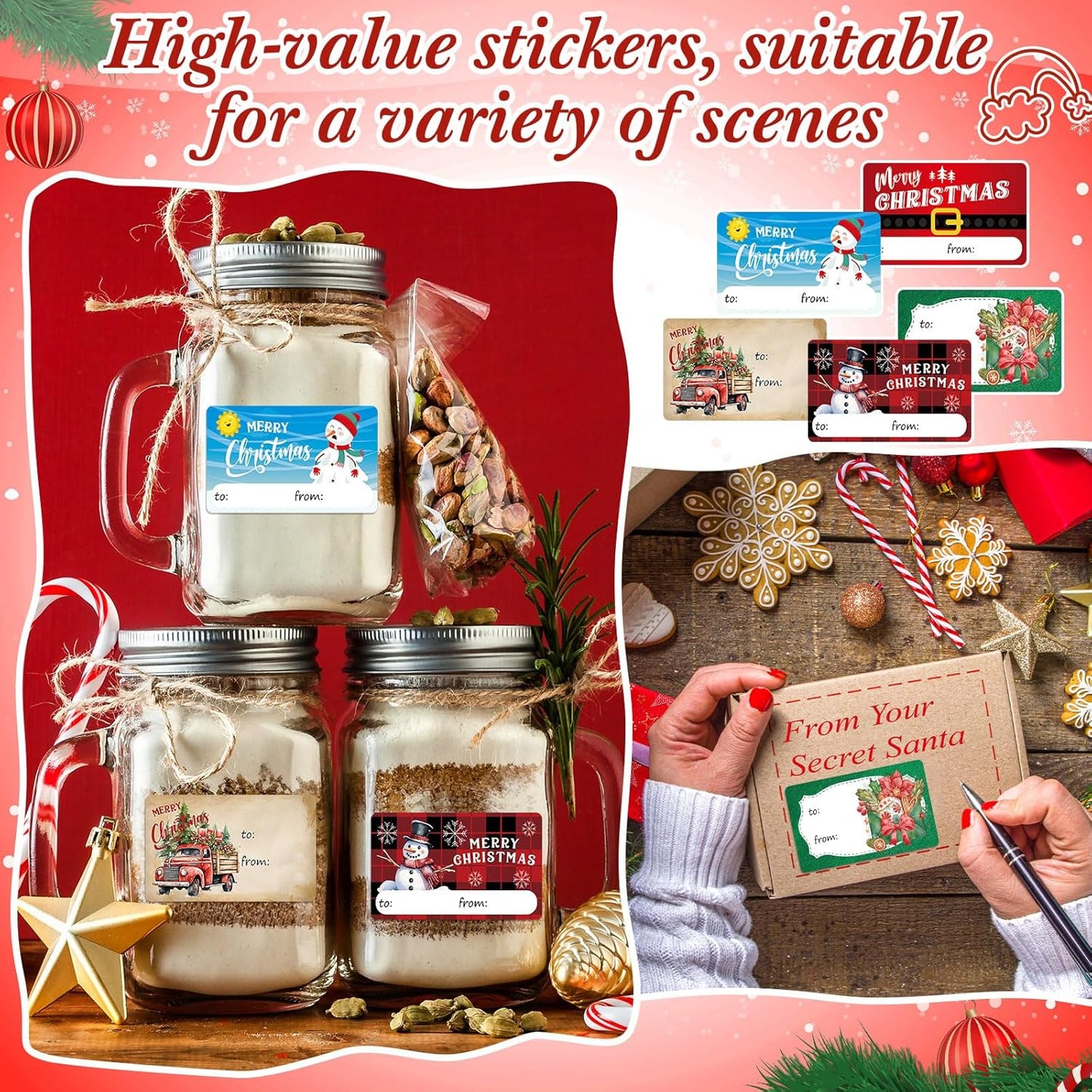 Outus 500 Pieces Christmas Tags Self Adhesive Gift Tags for Xmas Presents Christmas Name Labels Stickers for Wrapping Paper Festival Birthday Holiday Decor(Vibrant Style,2.76 x 1.57 Inch)
