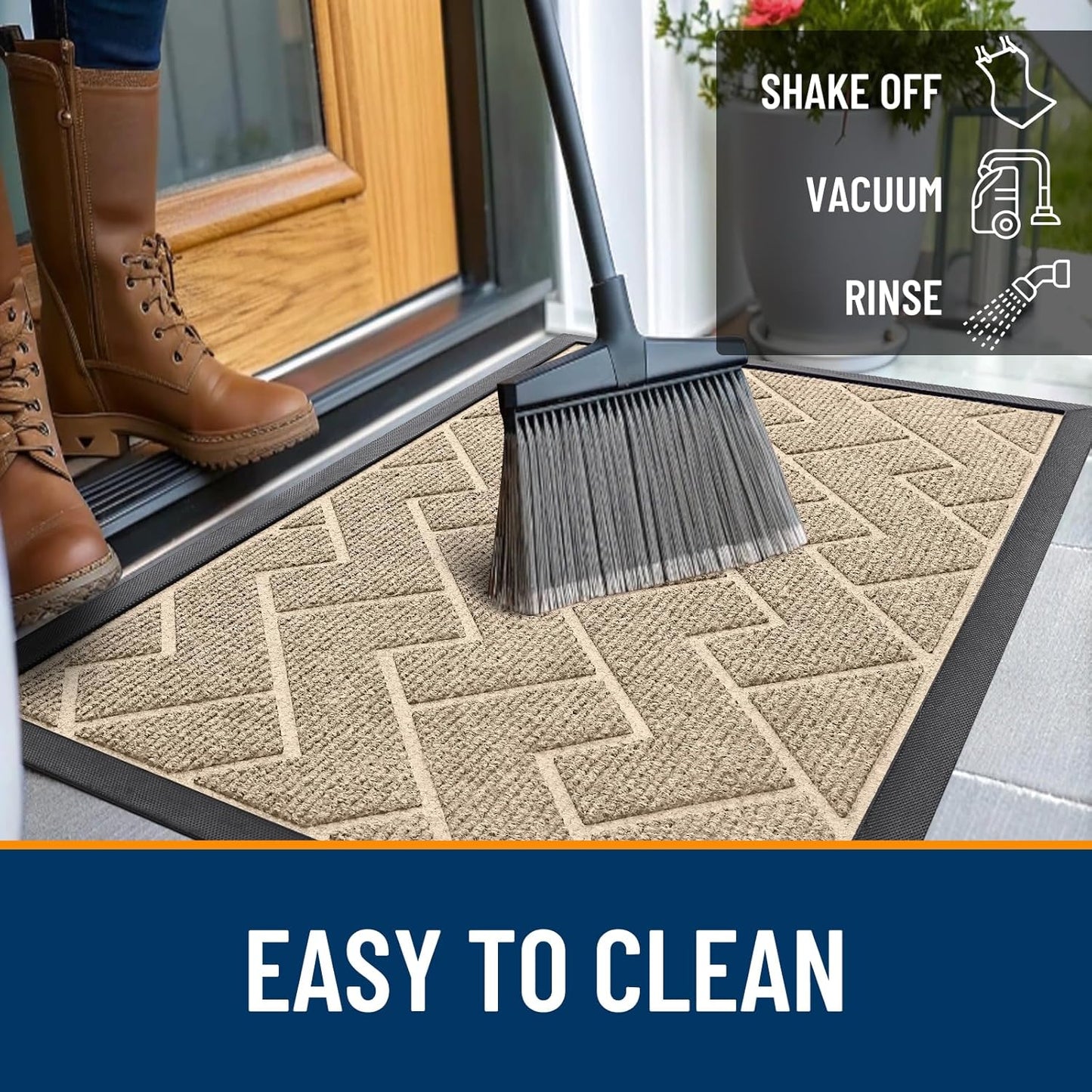 OLANLY Front Door Mat Indoor Outdoor Entrance, Waterproof All-Season, All-Weather Doormat, Sturdy Natural Rubber, Low Profile, Easy Clean Patio Porch Entryway Mat, Herringbone Brick (Beige, 47x32)