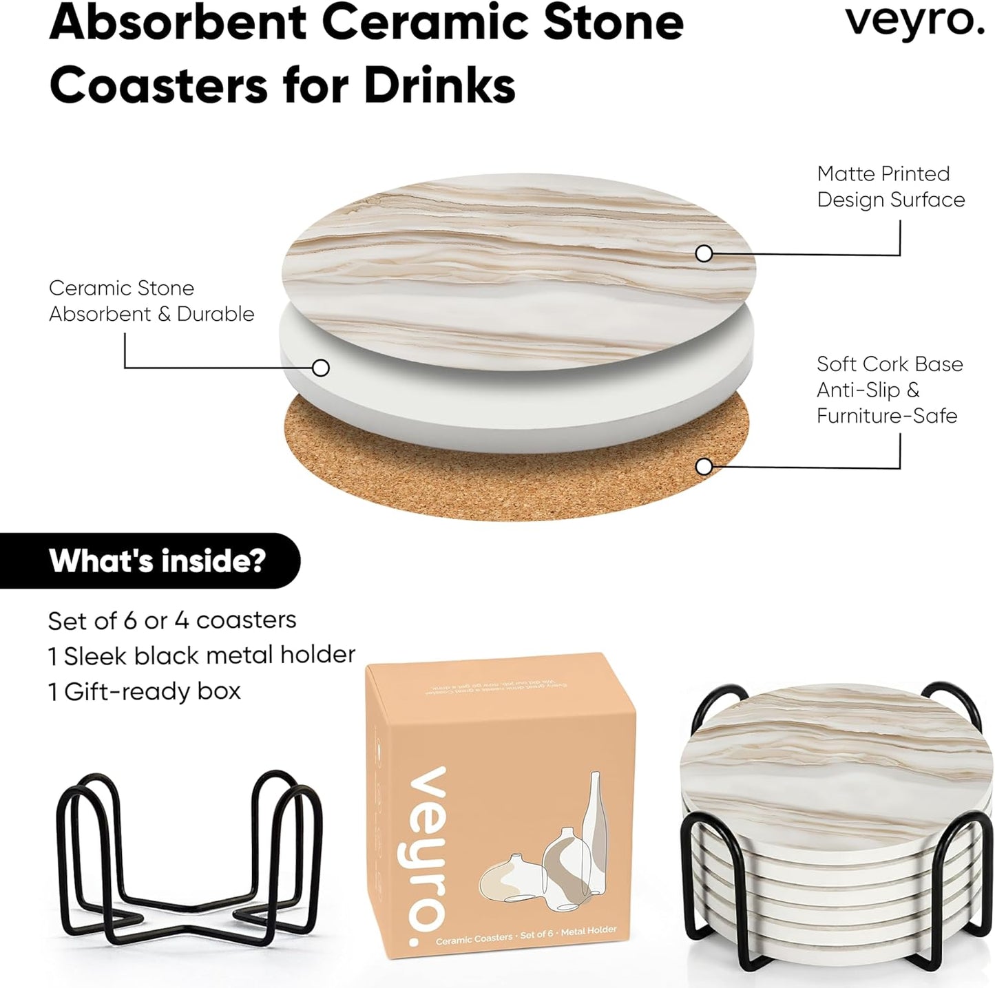 VEYRO Coasters Set of 4 for Drinks – Absorbent Ceramic Stone Drink Coasters with Cork Backing for Coffee Table & Desk, Modern Marble Look Cup Coaster Set, Housewarming Gift for New Home