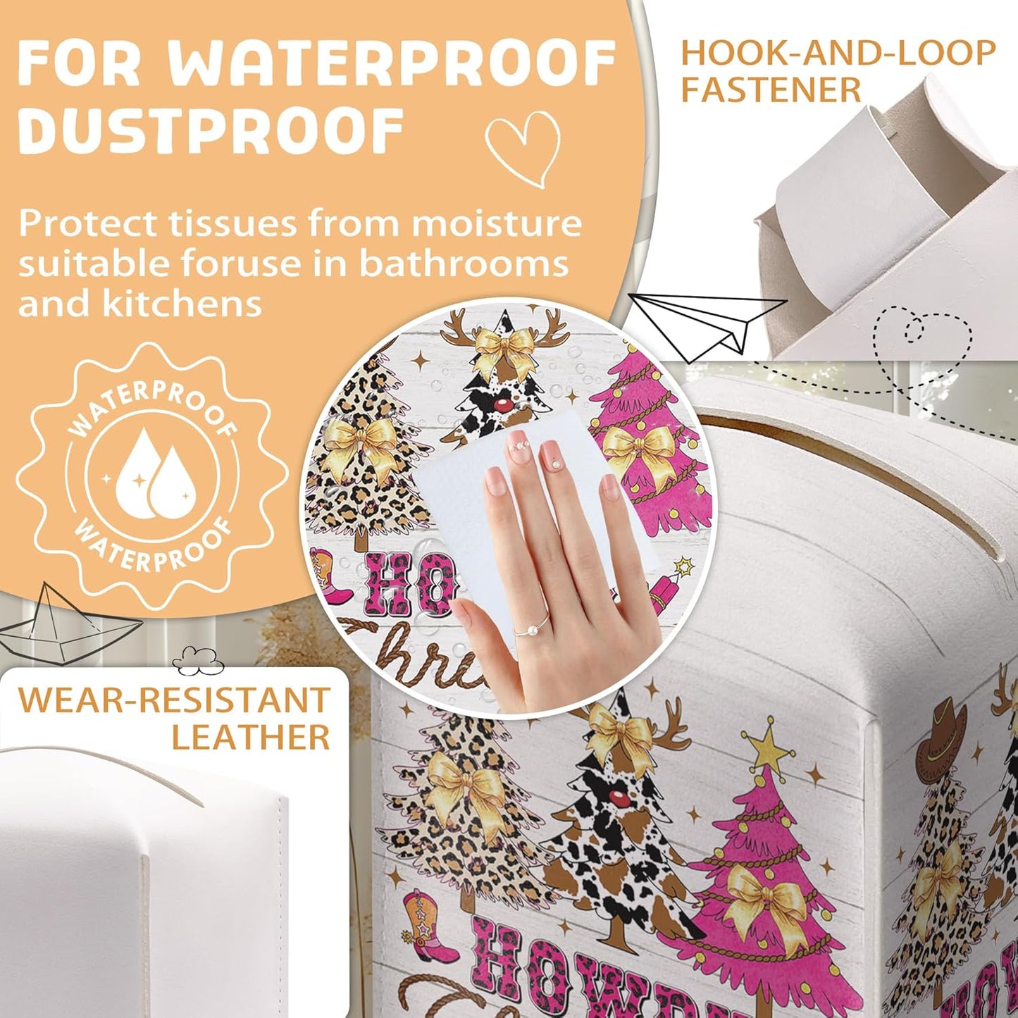 Christmas Tissue Box Holder, Pink Western Cowboy Christmas Trees Leather Tissue Box Cover Square, Coquette Xmas Bow Paper Facial Decorative Tissues Cover for Bathroom Office Home Decor-B04