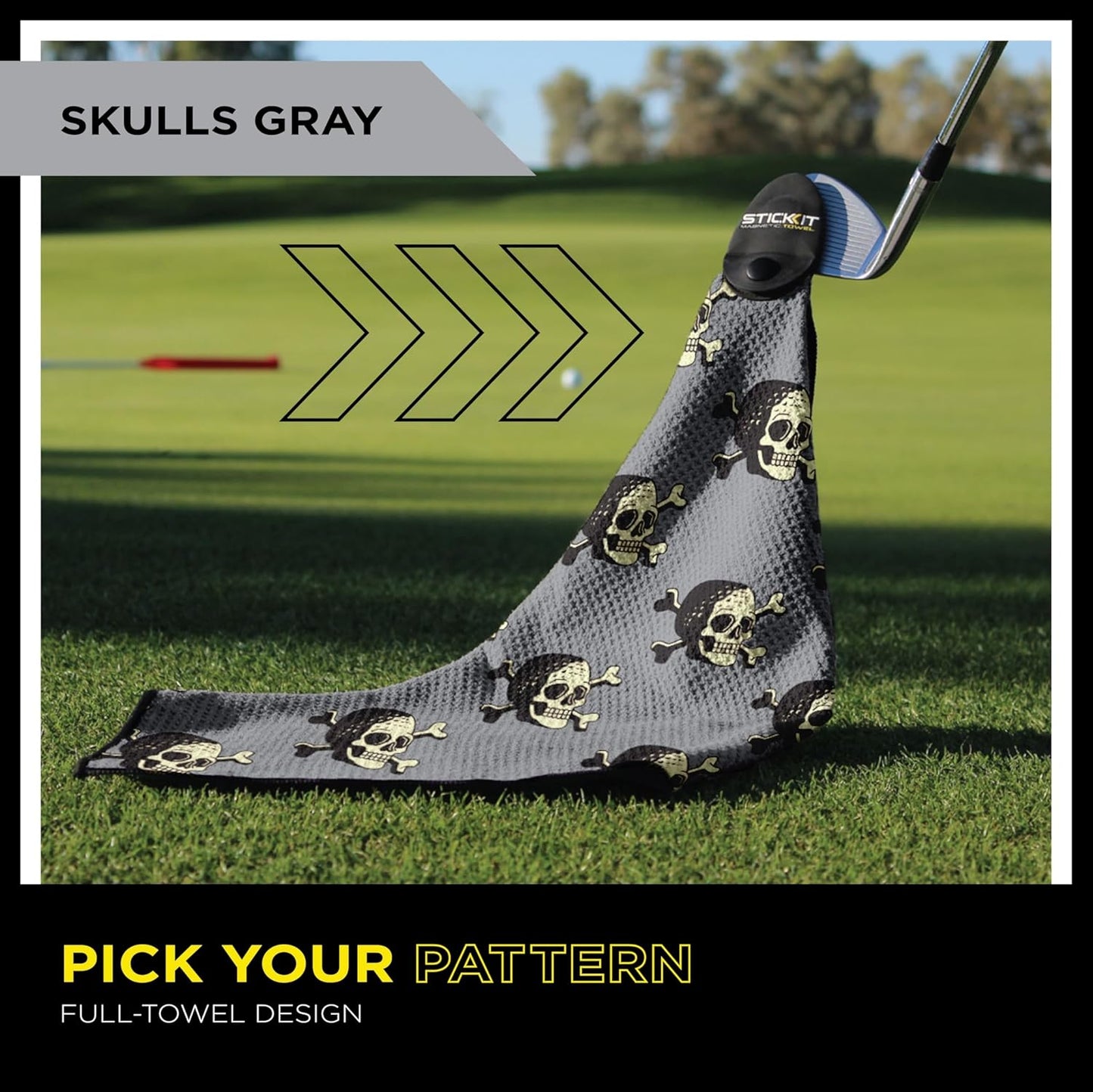 STICKIT The Original Magnetic Golf Towel with Gray Skulls | Top-Tier Microfiber Golf Towel with Deep Waffle Pockets | Industrial Strength Magnet for Strong Hold to Golf Carts or Clubs