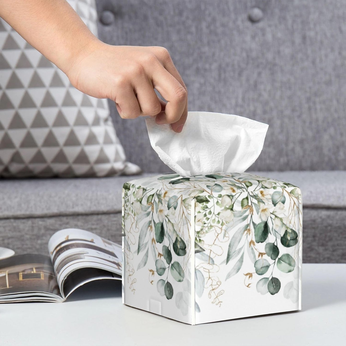 Eucalyptus Leaves and Flowers Tissue Box Cover Square,Watercolor Green Leaves Branches Tissue Box Holder Waterproof Leather Facial Paper Organizer Dispenser for Bathroom Home Car Nightstand Vanity