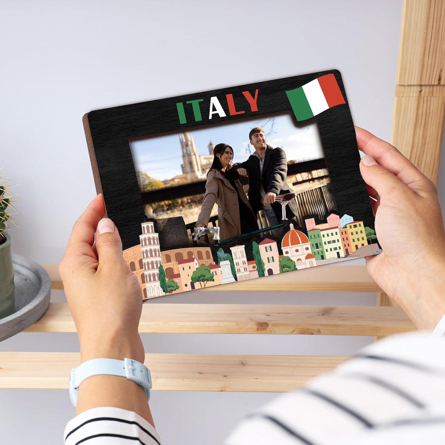 Italy Picture Frame Gift, 5 x 8 Wooden Photo Frame with Stand, Italian Vacation Gifts, Friendship Honeymoon Gift for Friends Couples, Home Office Desk Decorations-A03
