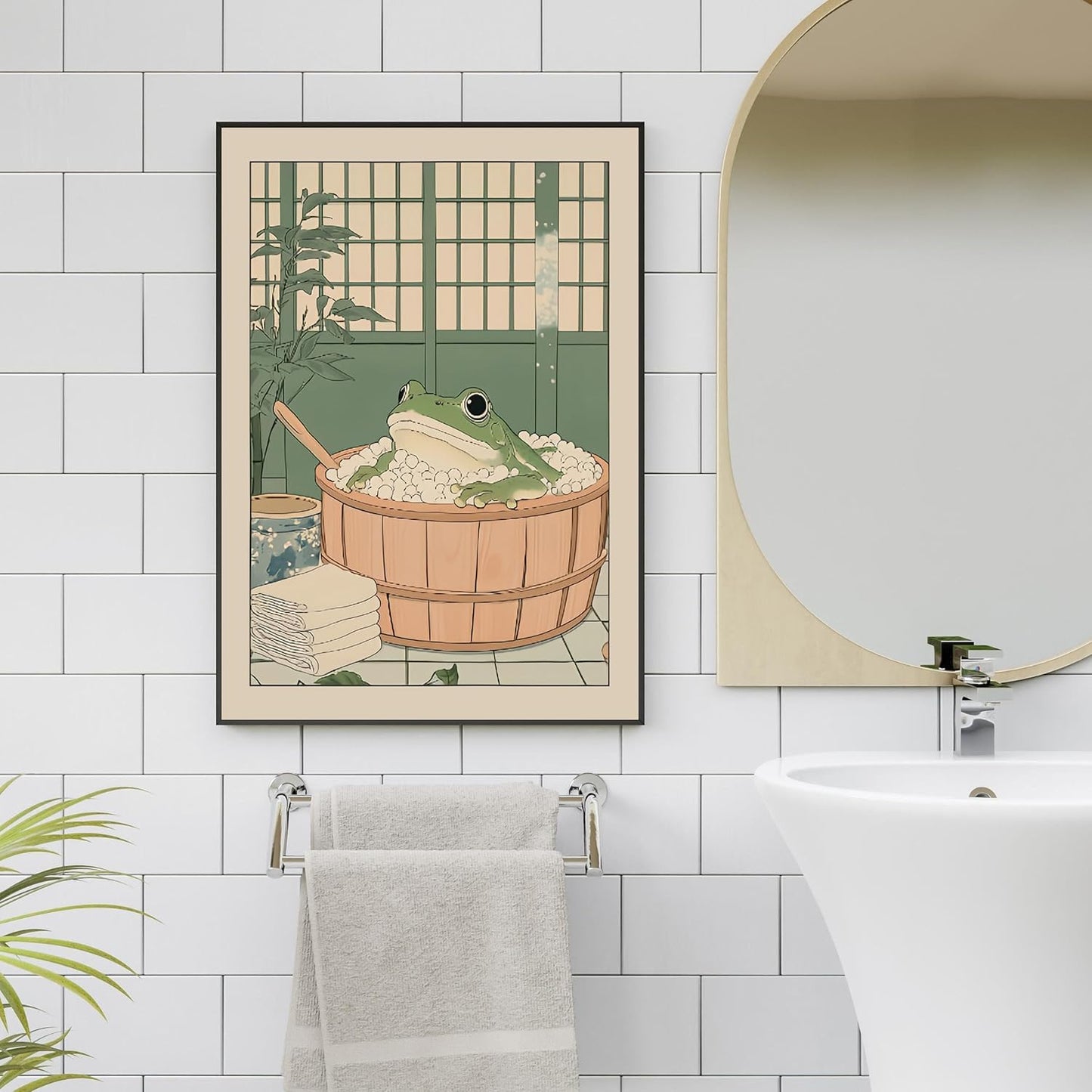 Funny Bathroom Wall Art Japanese Aesthetic Frog in a Bathtub Posters Cute Animal Canvas Prints Vintage Neutral Minimalist Wall Decor for Apartment Dorm 20x30in Framed