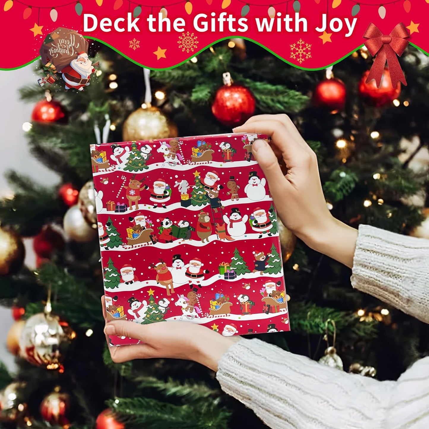 Christmas Wrapping Paper for Gifts (4 Rolls: 93 sq. ft. ttl) Funny Candy Cane Santas, Reindeer, Christmas Tree, Snowflakes - 17 inches x 16.5 feet Per Roll