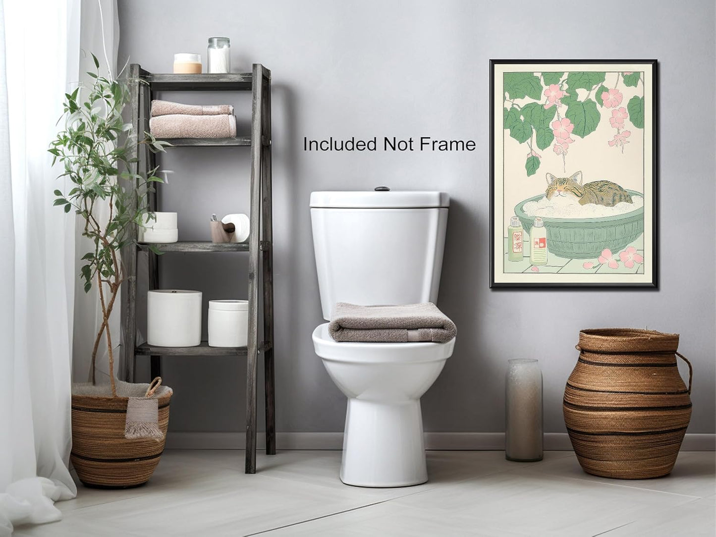 Vintage Tabby Cat in The Bathtub Posters Funny Bathroom Wall Art Cute Animal Lover Canvas Prints Japanese Aesthetic Neutral Minimalist Wall Decor for Dorm Restroom 12x16in Unframed