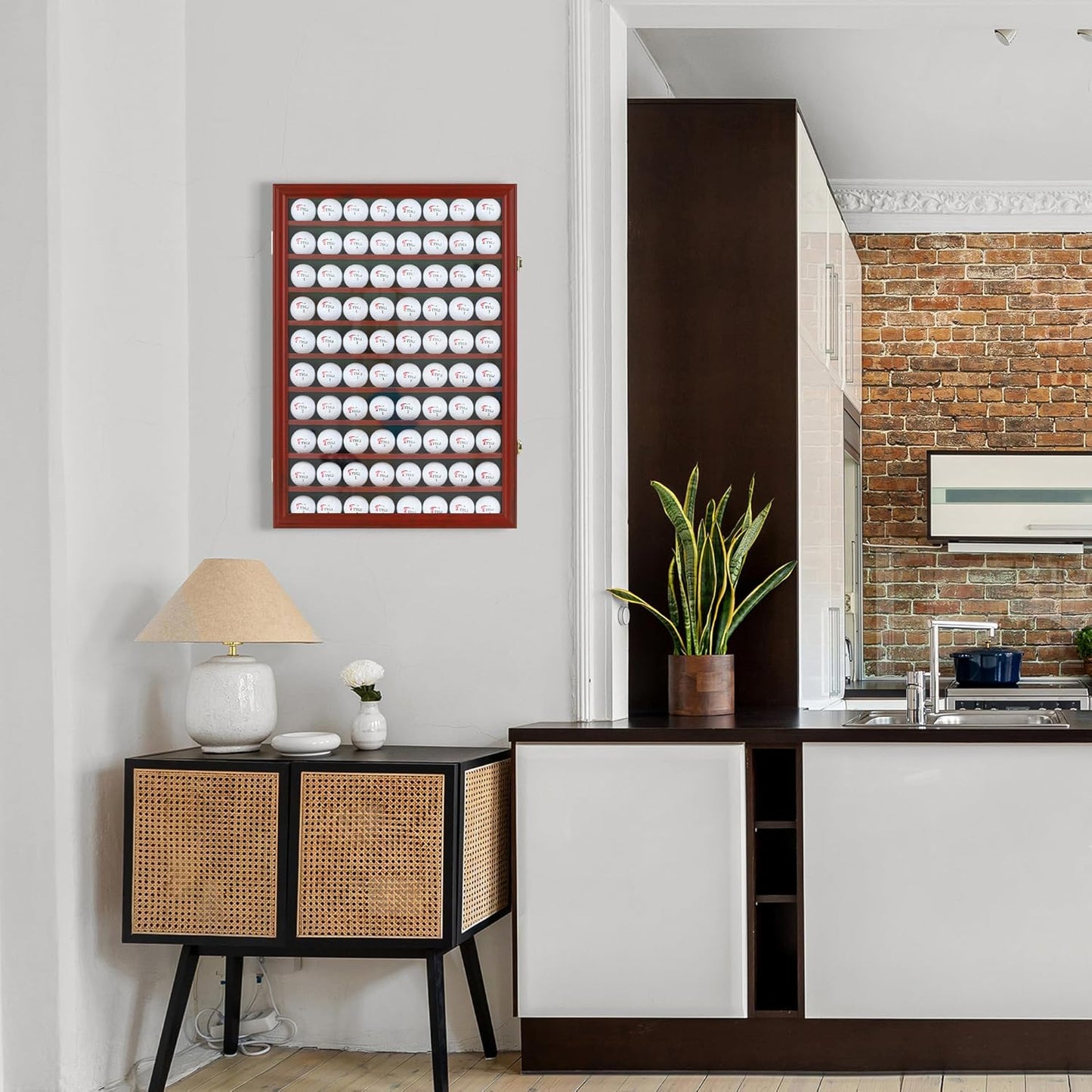 DisplayGifts 80 Golf Ball Display Case Cabinet Wall Rack Holder Solid Wood Frame with 98% UV Protection Lockable Acrylic Door, Wall Mounted or Stand Great Golfer's Gift