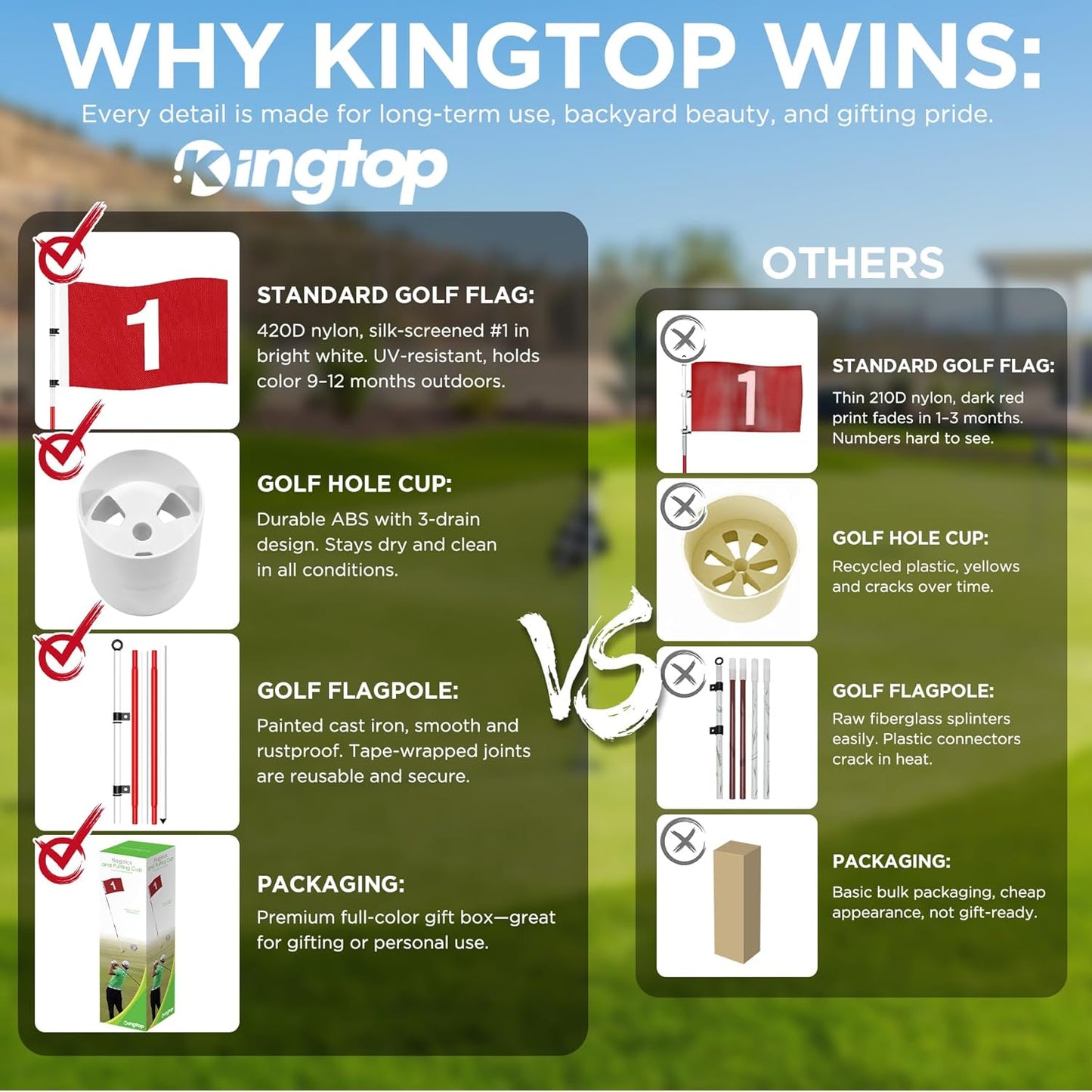 KINGTOP Golf Flagstick 6ft, Portable Five-Section Design for Backyard Practice Putting Green, Driving Range Golf Pin Flag Hole Cup Set, Gift Idea