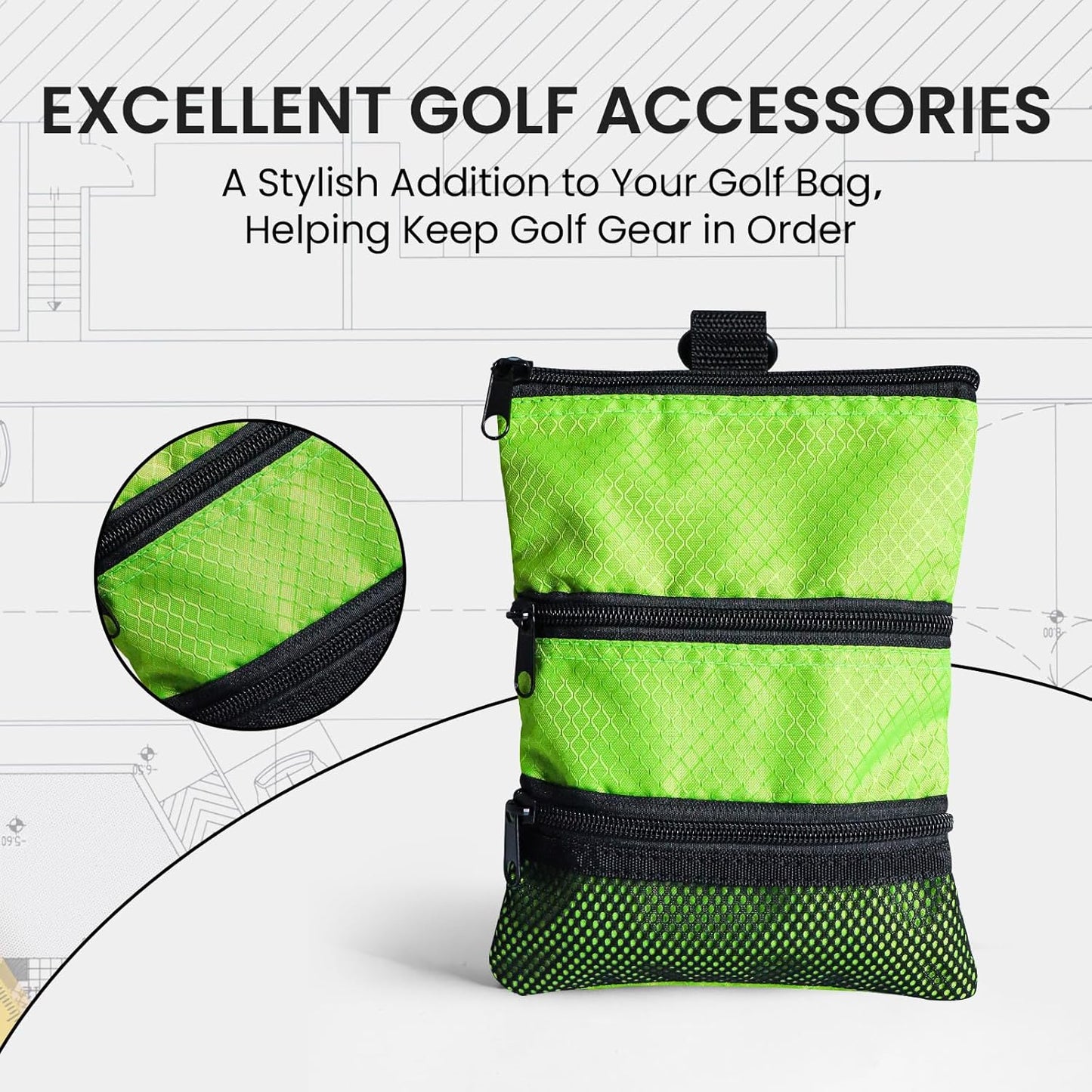 Golf Bag Accessories Valuables Pouch Bags Multi Pocket Zipper Hook with 10 Pcs Wood Golf Tees for Men Women