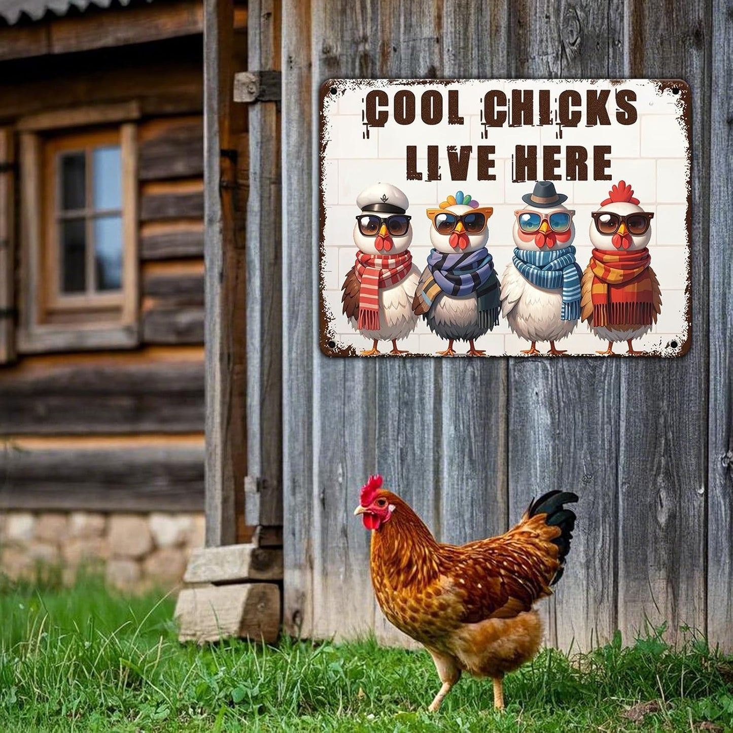 Funny Cool Chicks Live Here Tin Sign Plaque Metal Poster 12x16 Inch Home Kitchen Garden Restaurant Farm Wall Decor