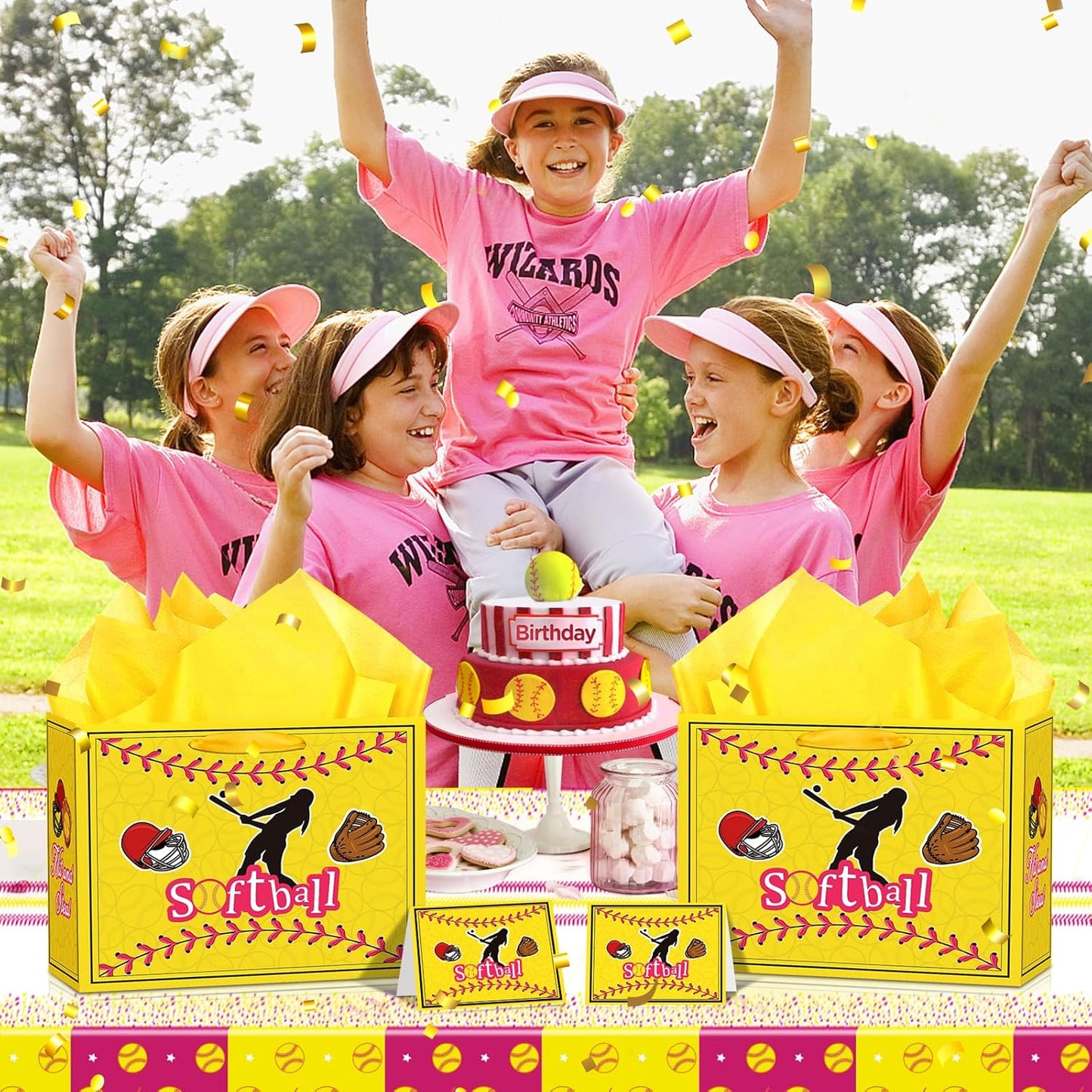 Softball Party Gift Bag Large Softball Gift Wrapping Bag with Tissue Paper Greeting Card Decorations for Sport Party Favor Softball Birthday Goodie Gifts Treat Wrap Bags for Girls Women Team Supplies