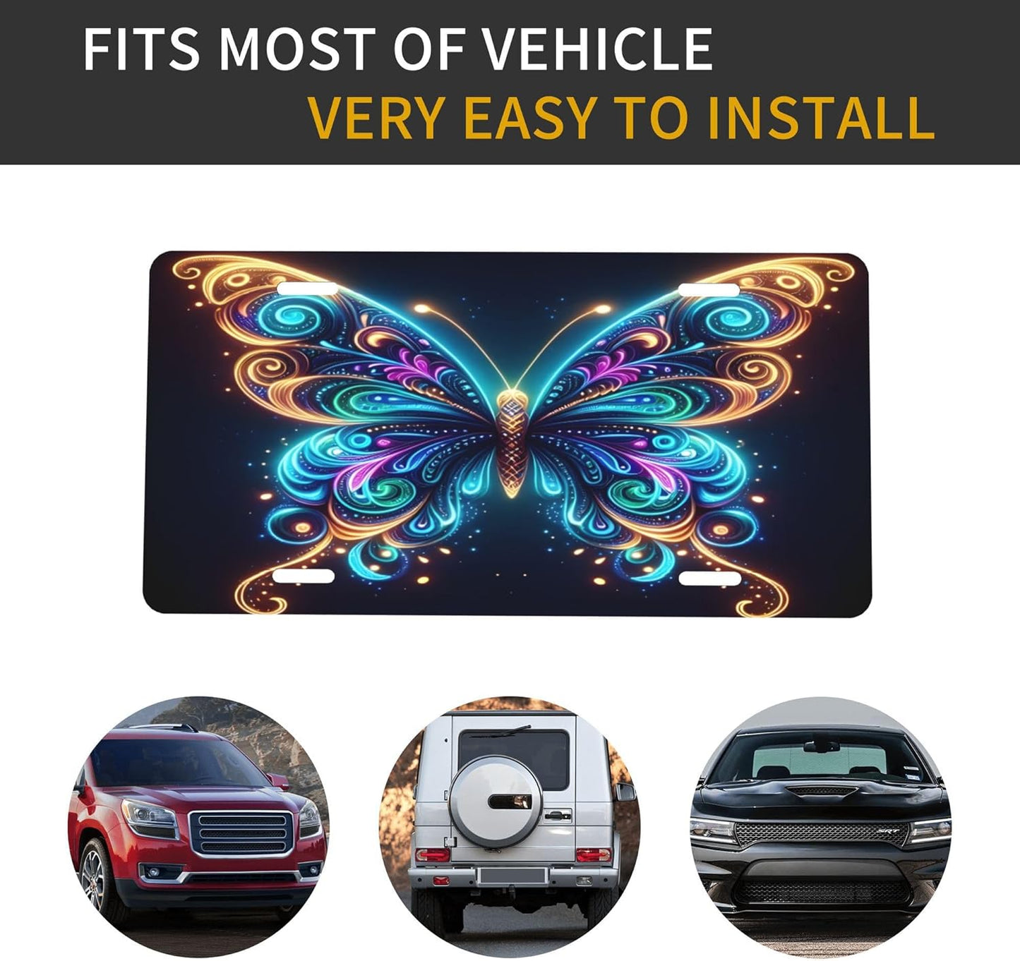 Butterfly Animal Rainbow License Plate Funny Aluminum Front License Plates Decorative Waterproof Rust-Free Metal Car Plate Covers for Women Men Car Tag Accessories fit Truck SUV Rv 12 X 6 in