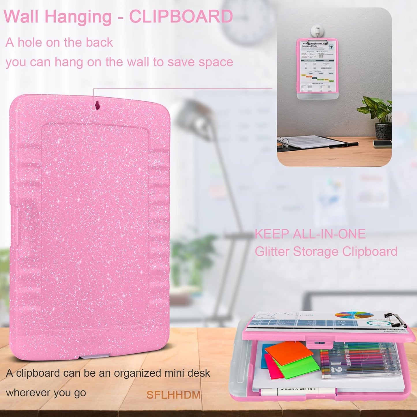 Glitter Clipboard with Storage,Storage Clipboard with Pen Holder,A4 Binder Clip Boards 8.5x11 with Low Profile Clip,Side Opening Sparkle Clipboards, Clipboards Folder for Office Supplies-Rose Pink