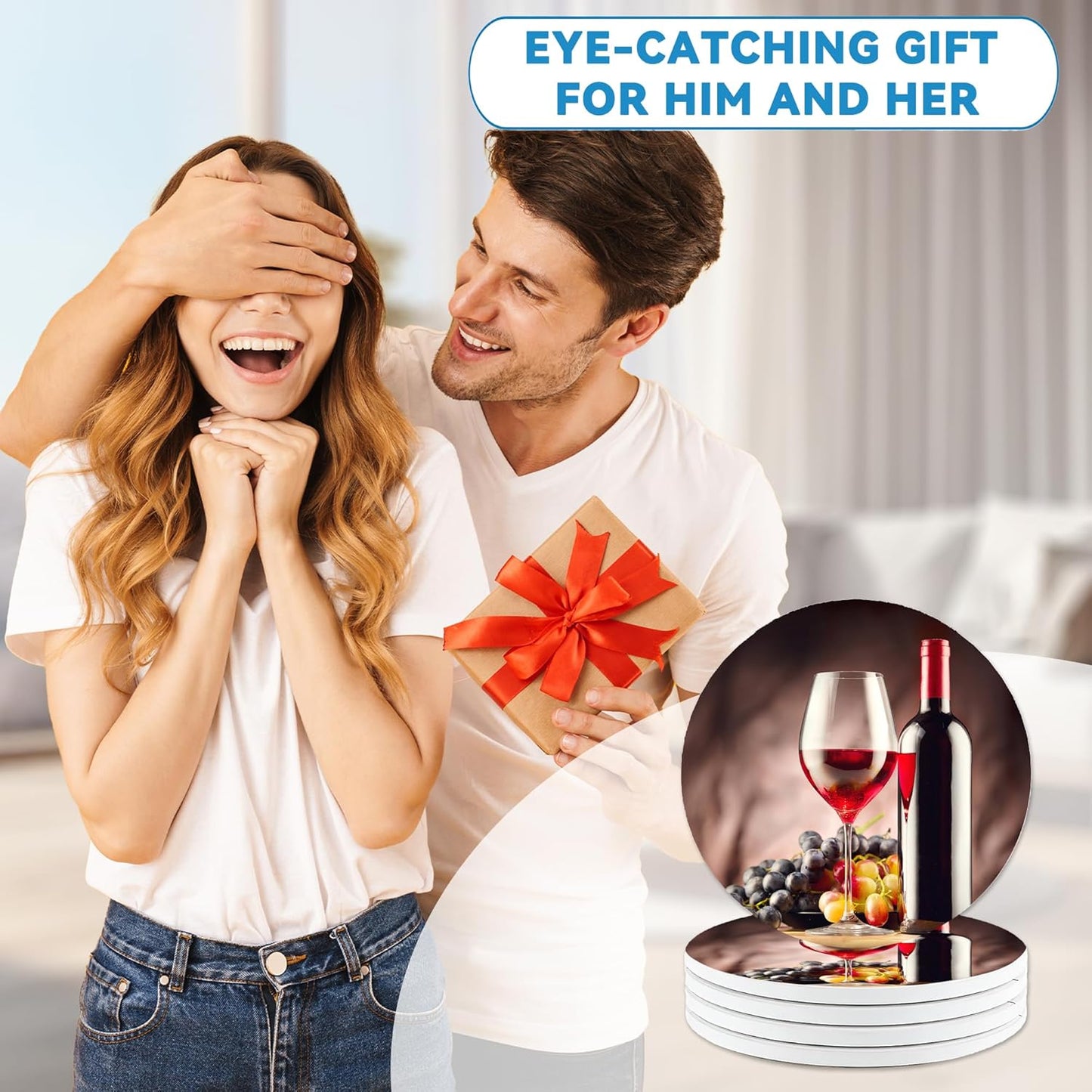 Drinks Coasters Set of 4, Wine Glass Round 4" Cup Coasters, Absorbent Ceramic Stone Coasters with Cork Base, Cute Coasters for Table Home Décor, Ideal Gifts for Women Men