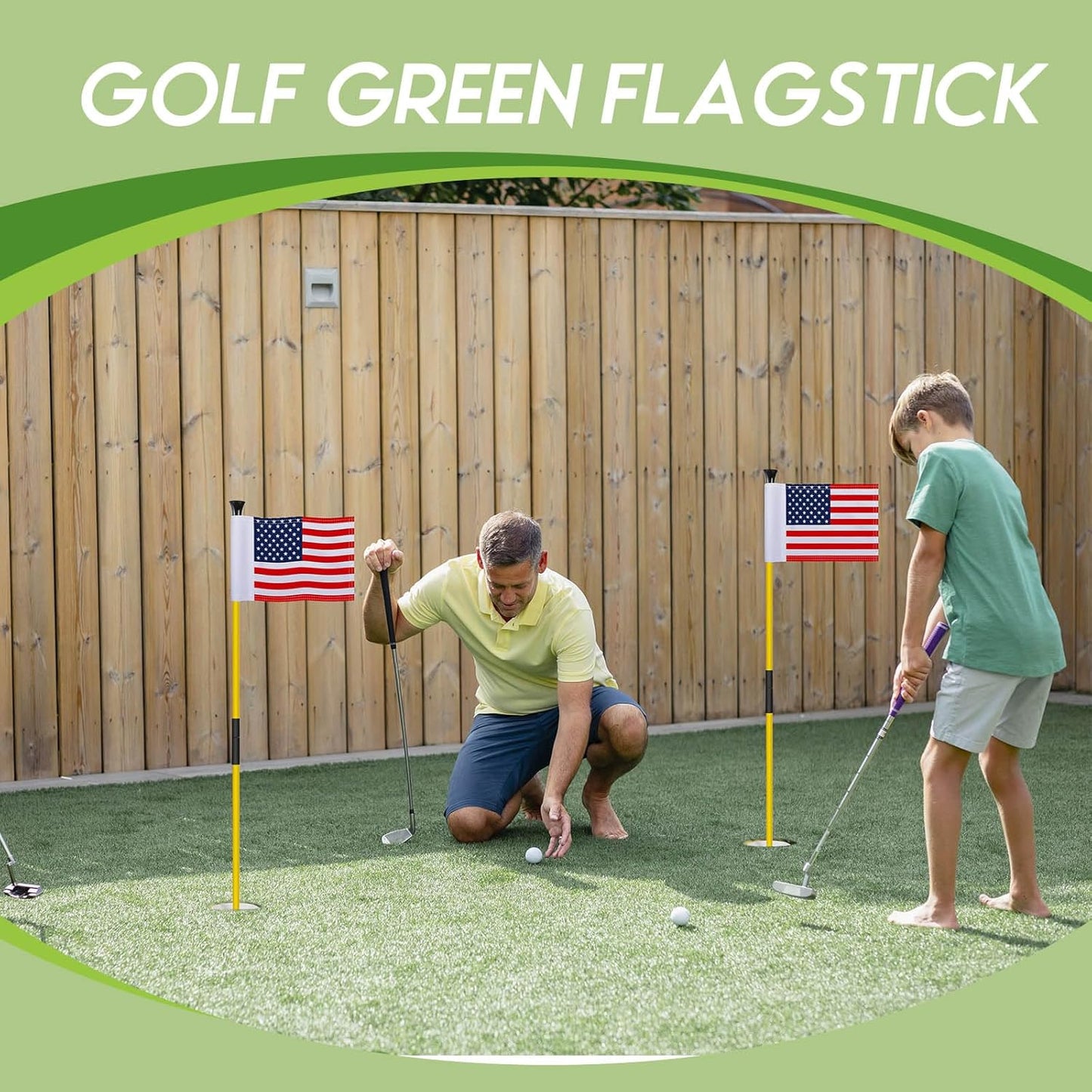 Meooeck 2 Pack Golf Flagstick 3ft Putting Green Pin Flag and Hole Cup Set for Yard Portable 2 Section Fiberglass Mini Golf Set for Driving Range Backyard, Double-side American Flag