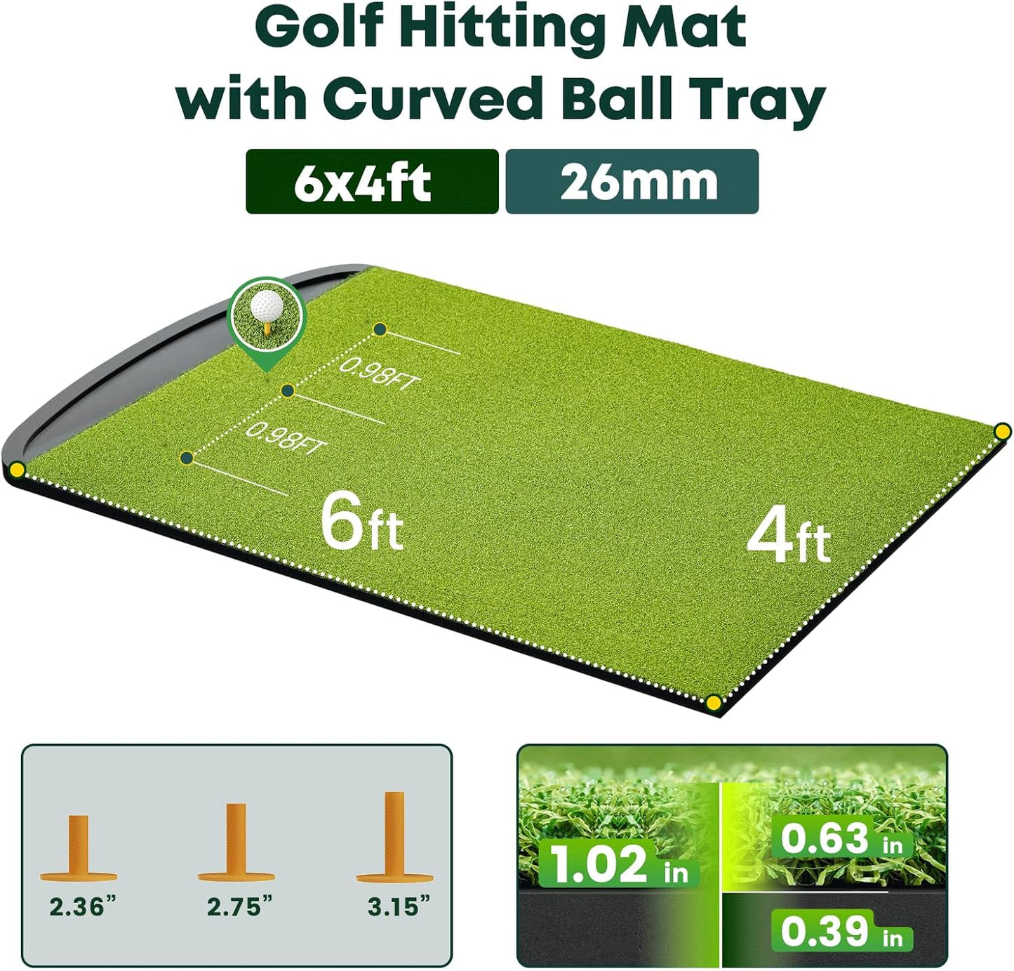 Integrated Golf Hitting Mat with Curved Ball Tray 5x4ft 6x4ft 26mm 31mm Thickening Golf Practice Mats Indoor & Outdoor, Durable Golf Turf Matt with 3 Tees for Hitting Chipping Striking, Swinging