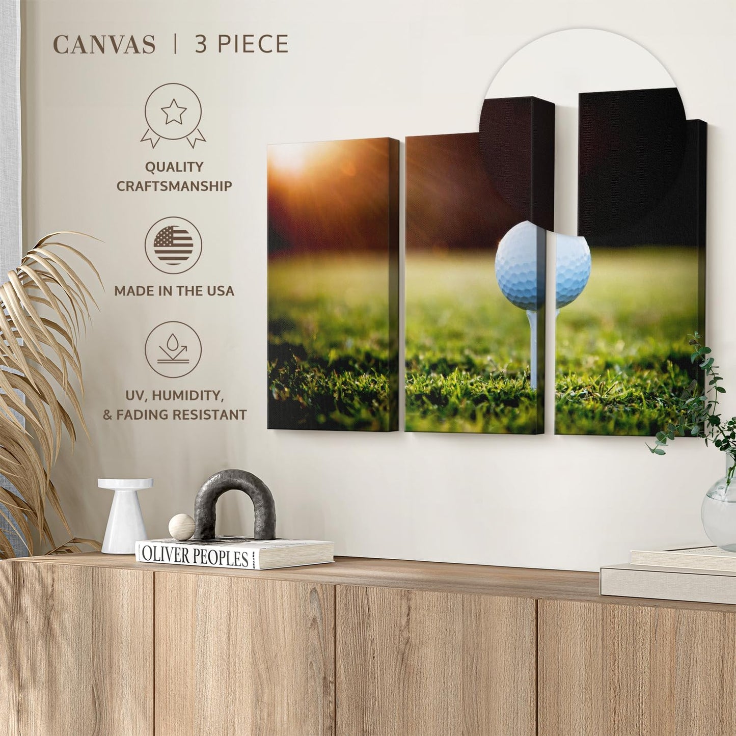 ElephantStock Golf Ball Tee Wall Art - Horizontal Canvas - 3-Piece Living Room Wall Decor - Photography Photographic Canvas Print - Black and White Decor for Wall - 74" X 48"