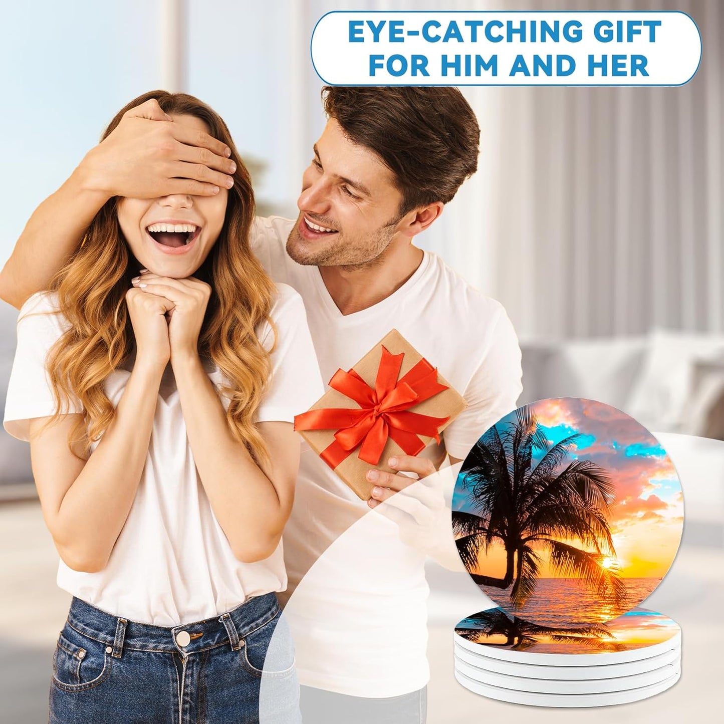 Palm Tree Coaster Set of 4, Absorbent Ceramic Stone Coasters with Cork Backing, Sunset Beach Theme Round Coasters for Home Table Decor, Ideal Gifts for Women or Men