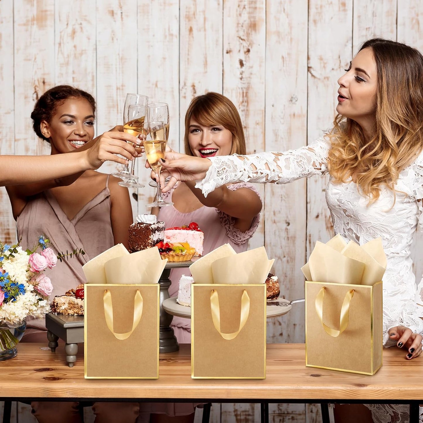 Yeaqee 24 Pack Metallic Paper Gift Bags with Handle and Tissue 9x7x3.1 Gold Foil Welcome Favor Bags Return Gifts for Wedding Fall 5 Senses Christmas Bridesmaid Birthday(Kraft, Gold)