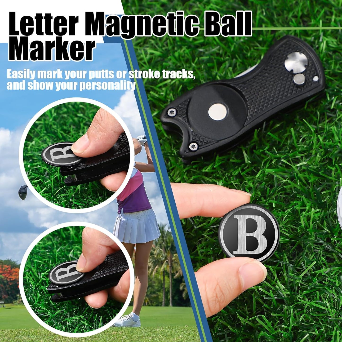 Golf Divot Repair Tool with Letter Custom Monogrammed Initial Ball Marker Divot Tool Foldable Metal with Magnetic Putt Alignment Golf Gifts for Men Father Golfer Christmas