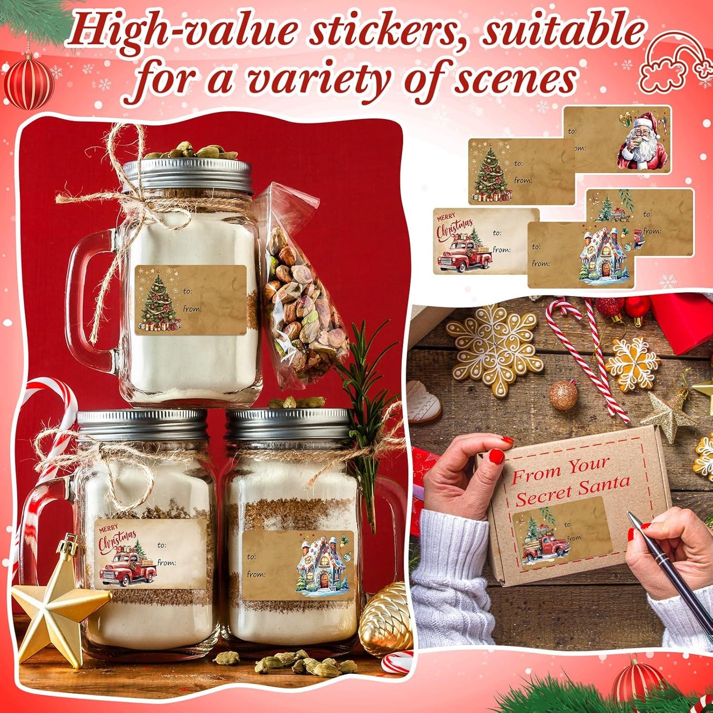 Outus 500 Pieces Christmas Tags Self Adhesive Gift Tags for Xmas Presents Christmas Name Labels Stickers for Wrapping Paper Festival Birthday Holiday Decor(Old Fashioned Style,2.76 x 1.57 Inch)