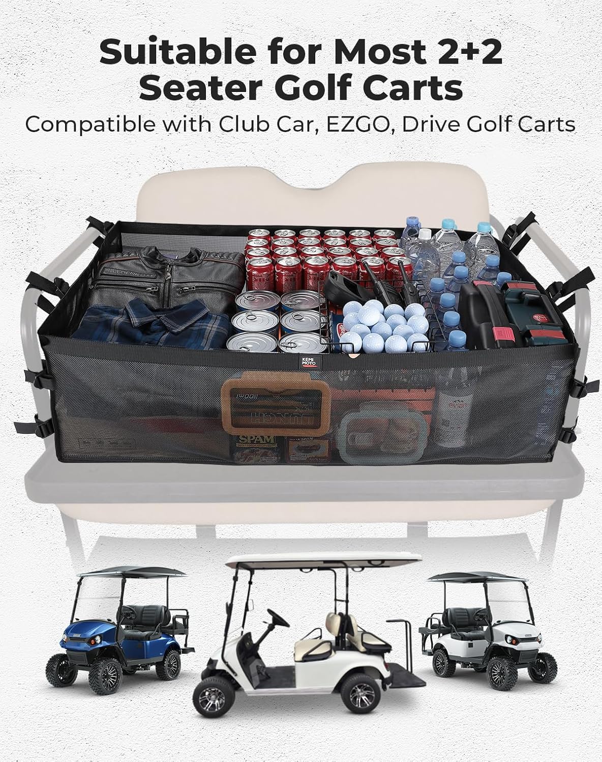 KEMIMOTO Universal 4-Passenger Golf Cart Cargo Net, Compatible with Club Car, EZGO, Drive Golf Carts, Black