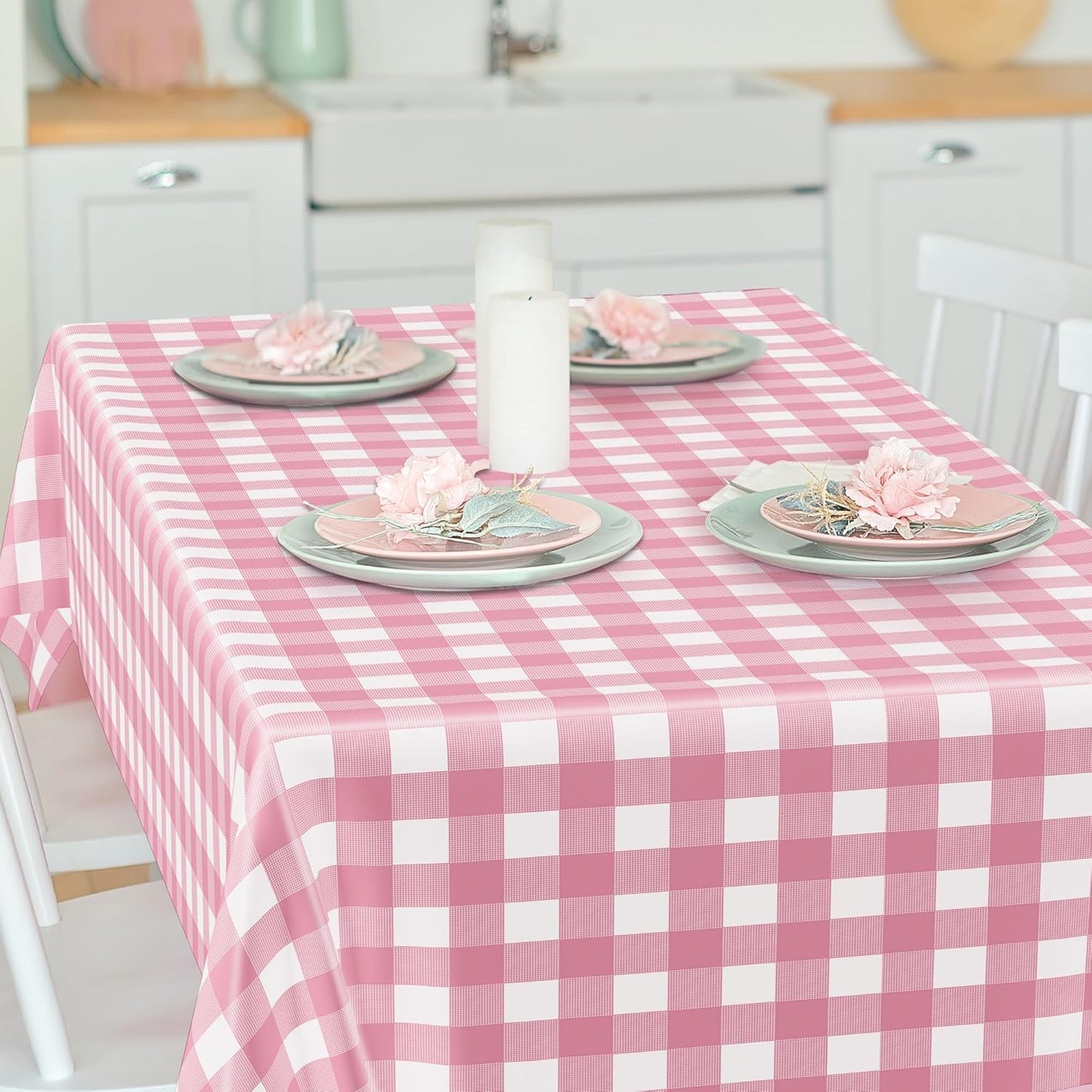 4Pack Pink Table Cloth, 54" x 108" Plastic Table Cloth Disposable, Waterproof Picnic Table Cover Checkered Rectangle Tablecloths for Indoor Outdoor Picnic Birthday Party Supplies Gathering BBQ Holiday