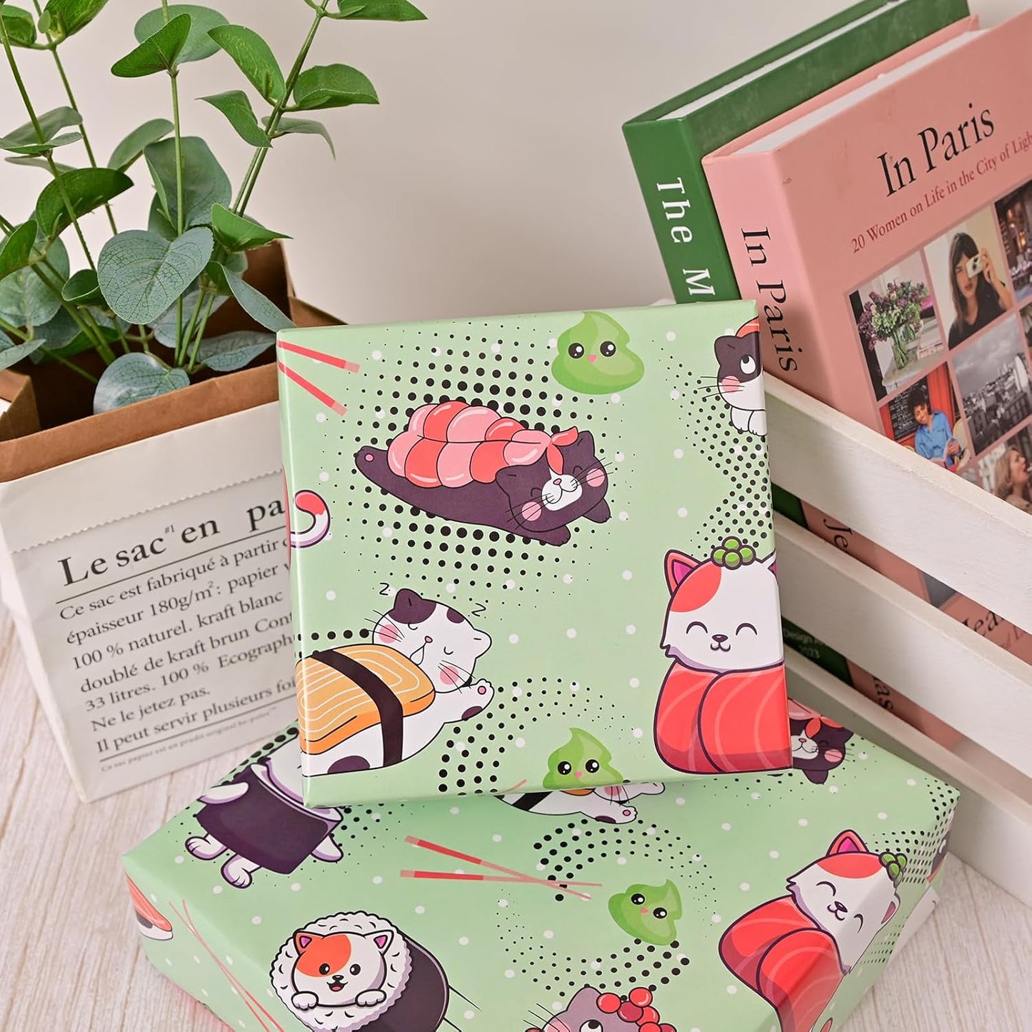 Vnaeem Kawaii Cat Wrapping Paper - Cute Sushi Cat - Japanese Gift Wrap for holiday birthday Pet Lovers - 20 X 28 Inches Per Sheet (6 Sheets)