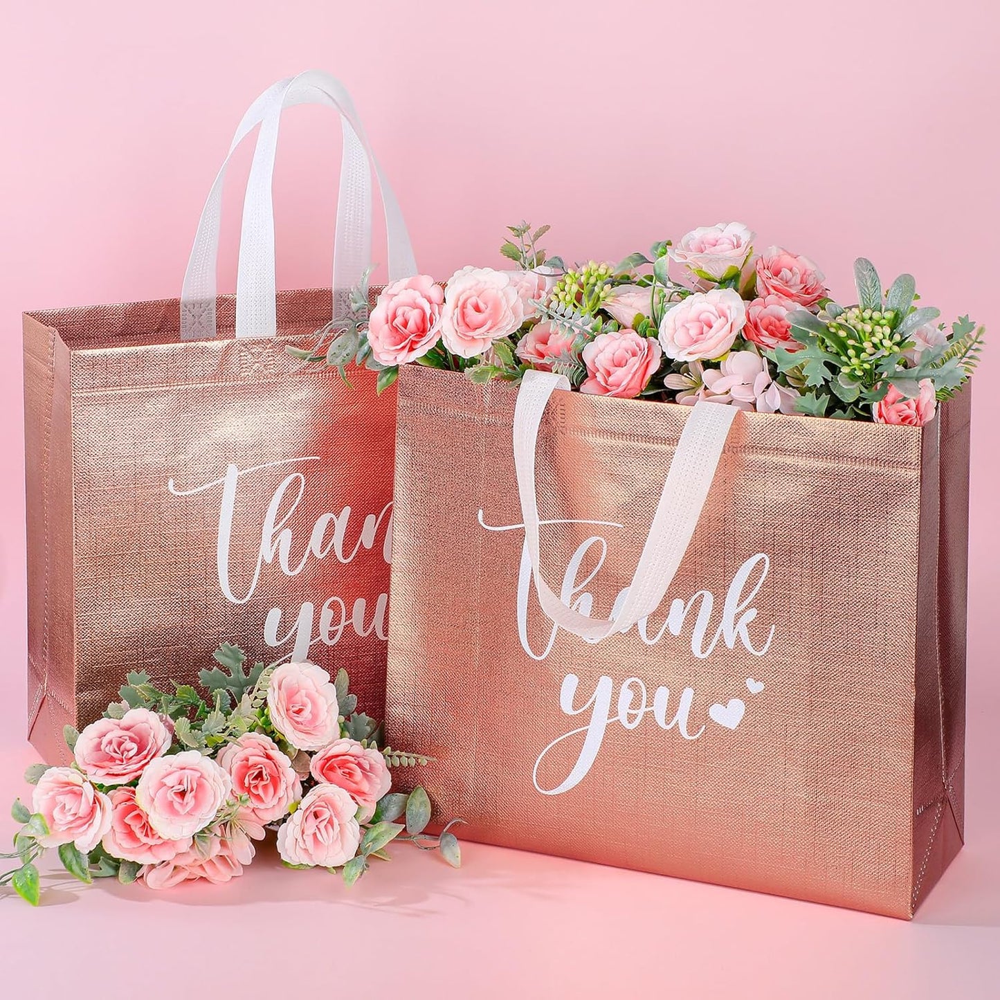 Sweetude 30 Pcs Thank You Gift Bags with Handles Bulk Reusable Goodie Bag Non Woven Foldable Handbag for Graduation Wedding Bridesmaid Gifts(11 x 12 x 5 Inch,Rose Gold)