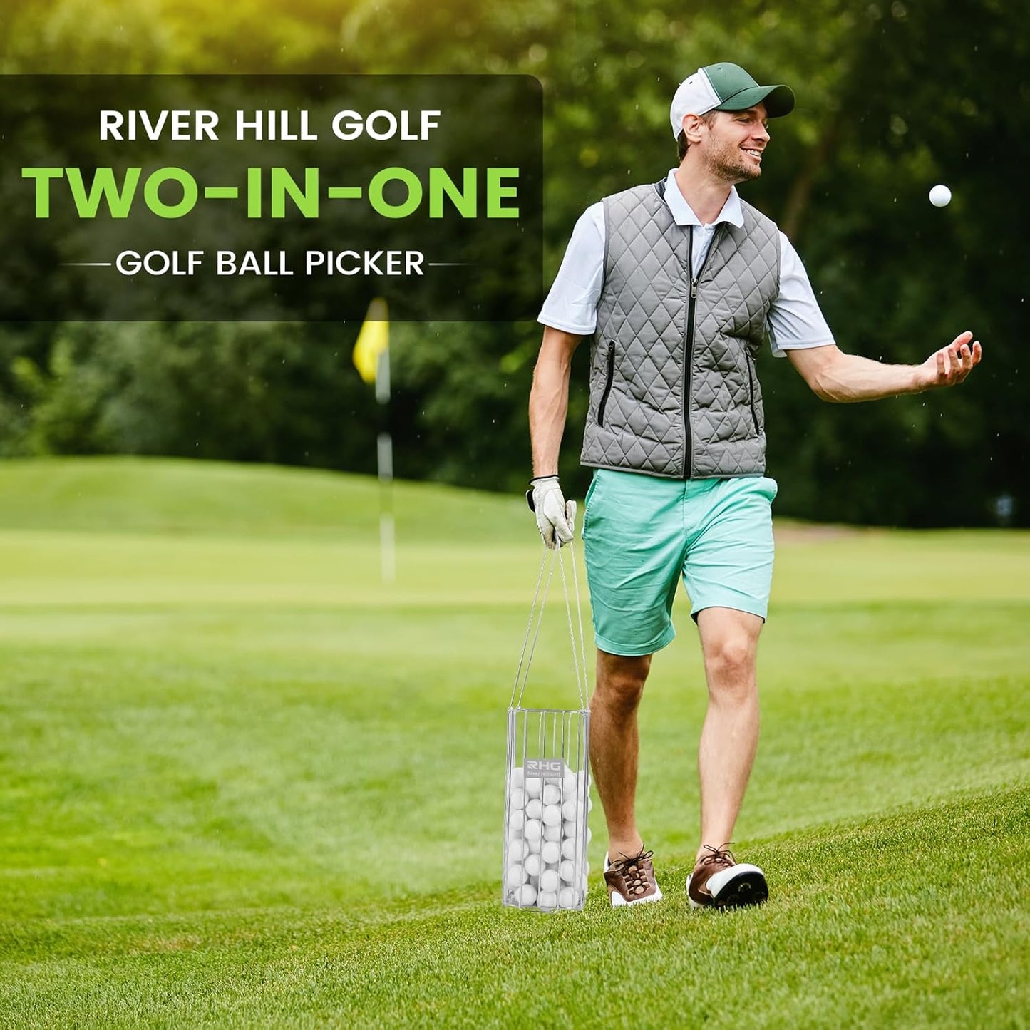 Golf Ball Retriever, 304 Stainless Steel Golf Ball Picker Upper, 2-in-1 Design Golf Ball Collector and Basket Hold Up 140 Balls, Rust-Free Shag Bag Grabber Collector Tool Bucket Simulator Accessories