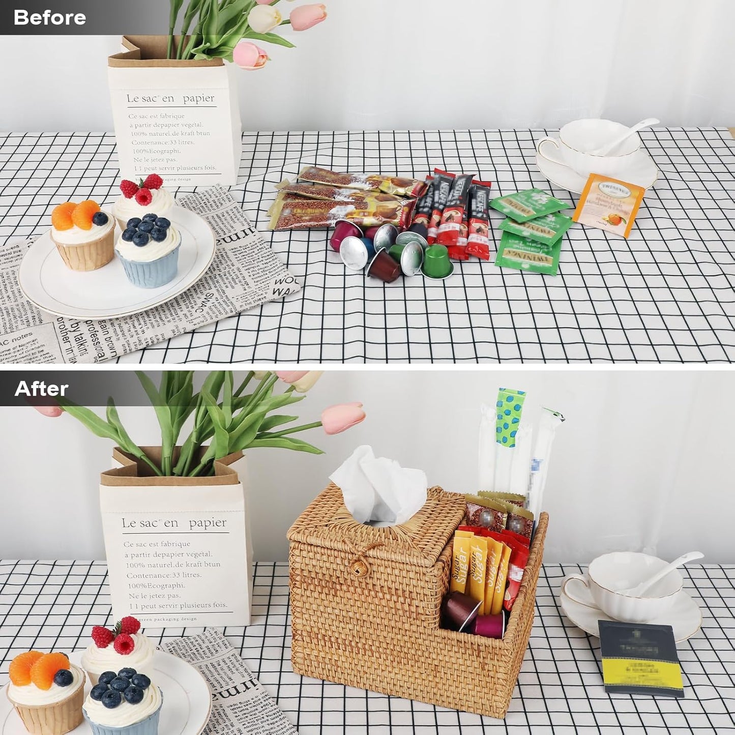 Sumnacon Tissue Box Square Tissue Box Cover with Storage Rattan Tissue Box Holder with 2 Side Organizer,Wicker Tissue Cover Cube Tissue Holder for Bathroom Living Room Table Desk Office