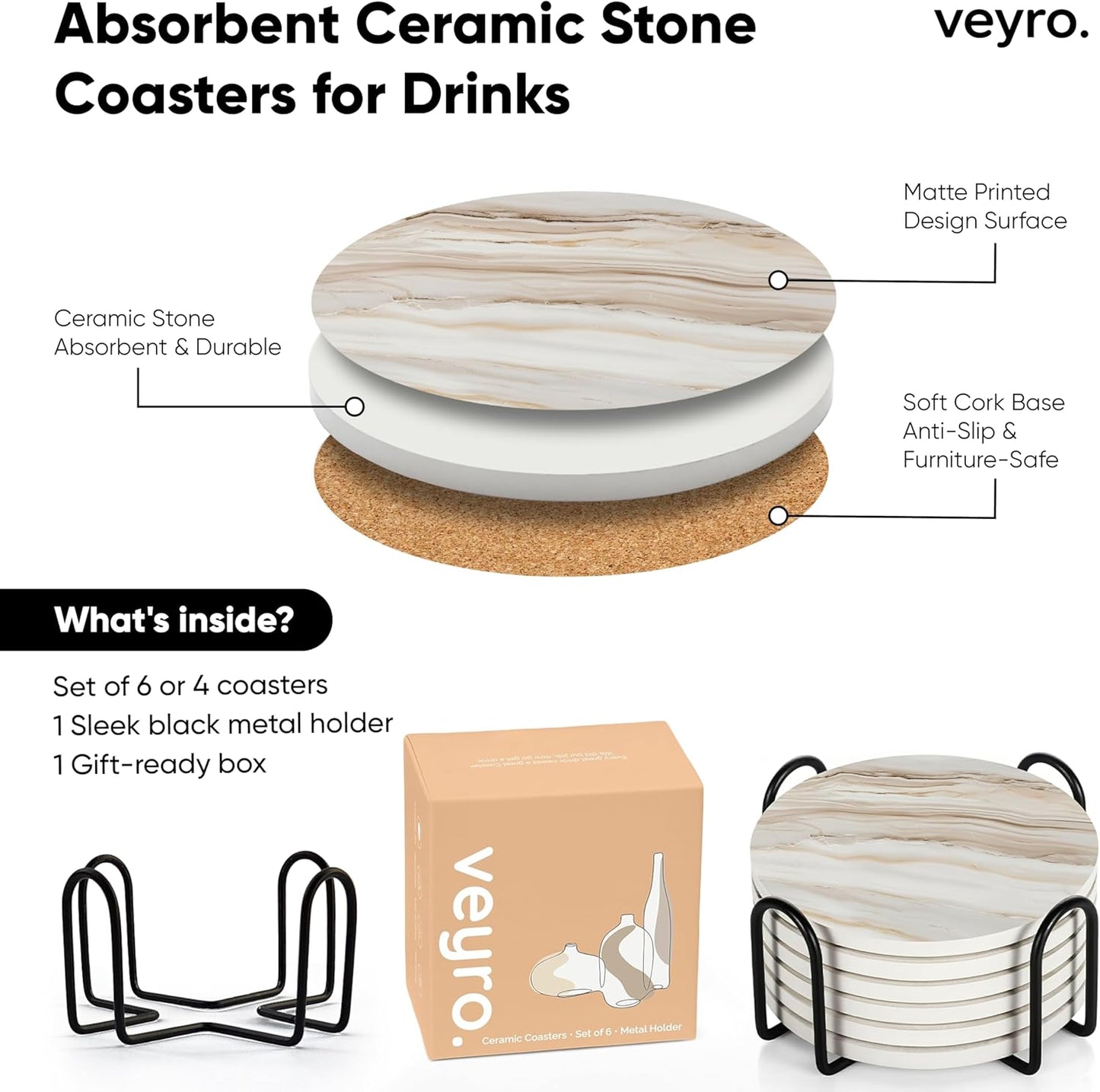 VEYRO Coasters Set of 6 for Drinks – Absorbent Ceramic Stone Drink Coasters with Cork Backing for Coffee Table & Desk, Modern Marble Look Cup Coaster Set, Housewarming Gift for New Home