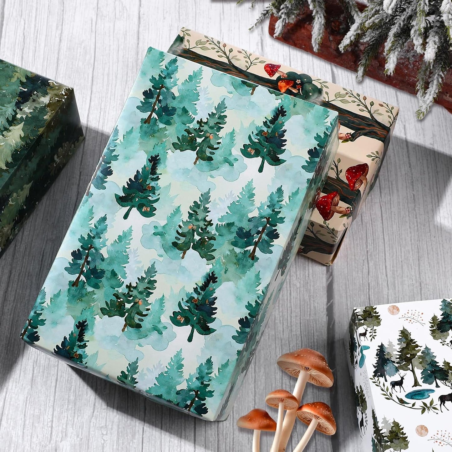 Pineraap Forest Wrapping Paper 12 Sheets Watercolor Mushroom & Woodland Theme Gift Wrap for Nature Lovers,Rustic Parties,DIY Craft,20"×28"