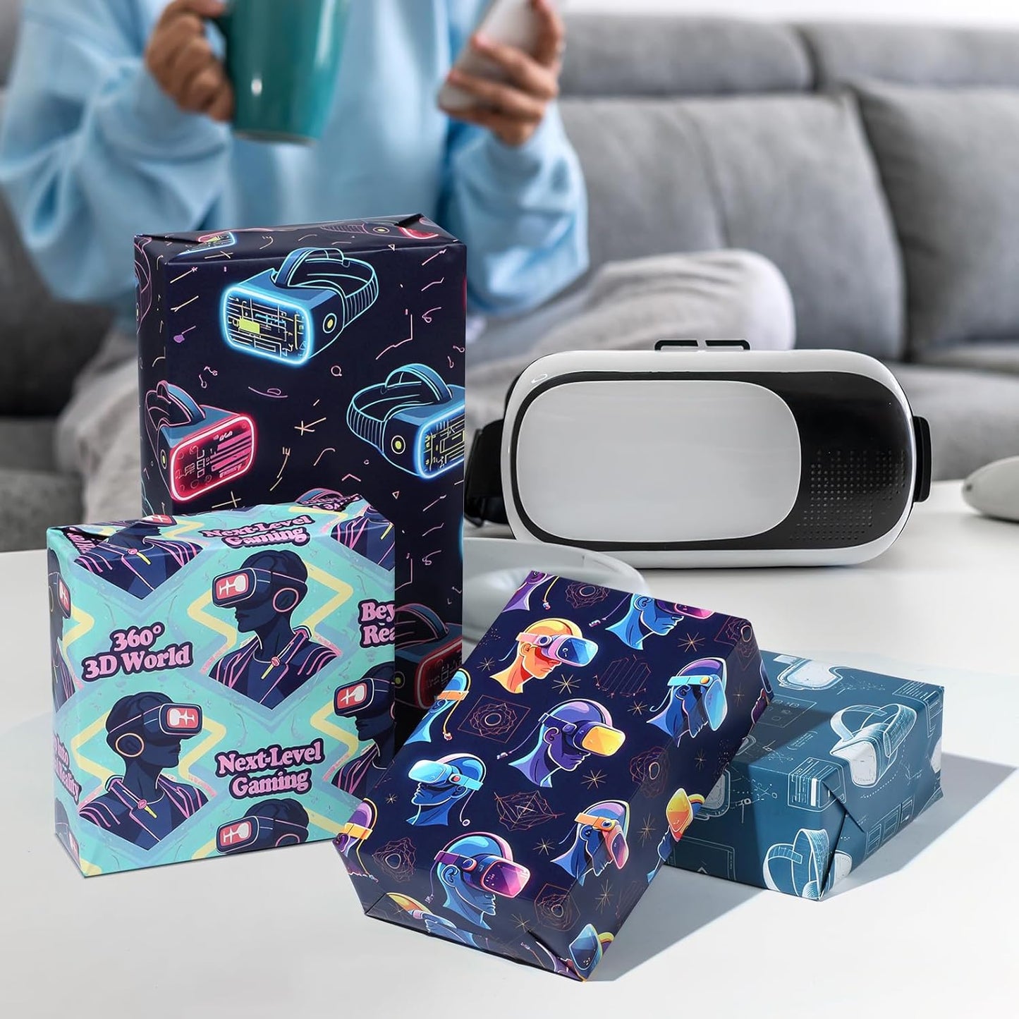 Pineraap VR Themed Wrapping Paper 12 Sheets Virtual Reality Gaming Gift Wrap for VR Lovers,Gamers,Tech Enthusiasts,20"×28"