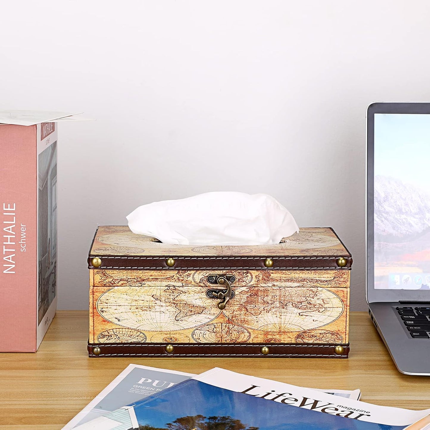 Sumnacon Tissue Box Cover Rectangle Wooden Tissue Box with Lid, Vintage Tissue Box Holder with Retro Pattern, Rustic Tissue Cover for Bathroom Toilet Living Room Table Desk Office Decor, Yellow Map