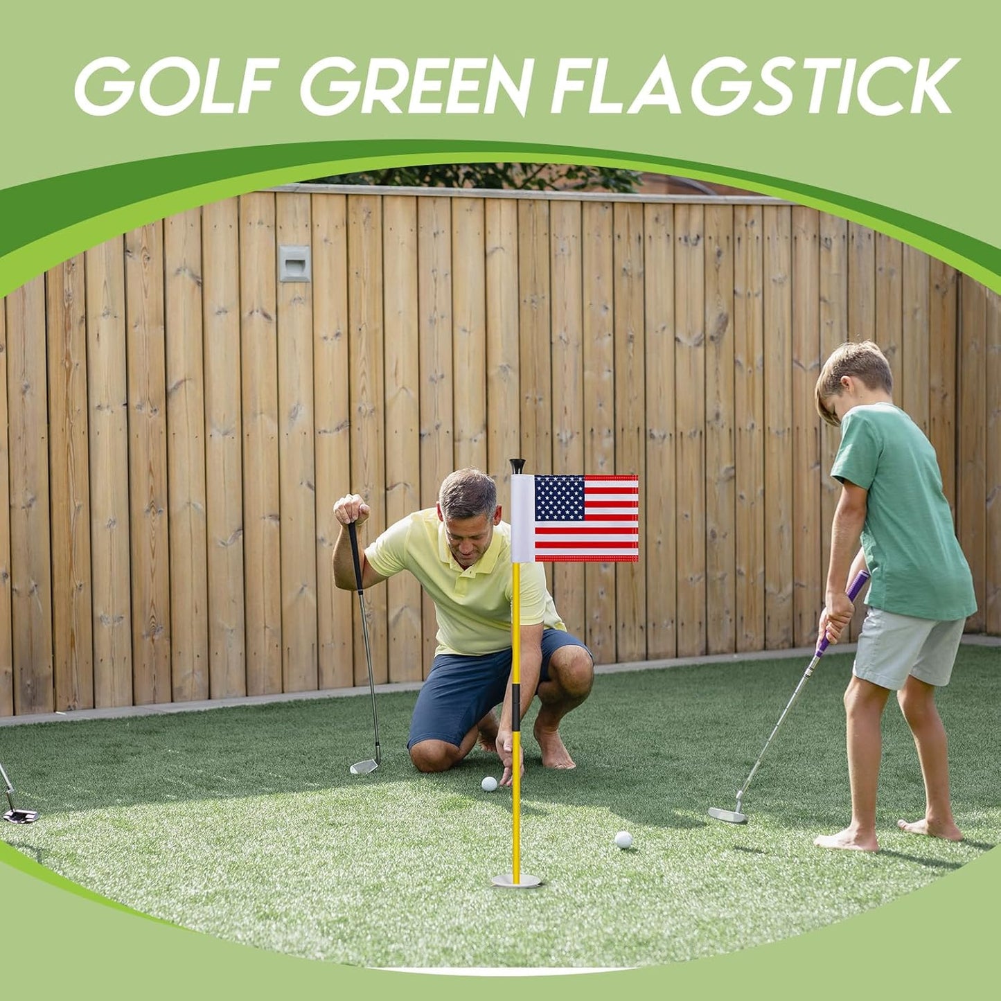 Meooeck 1 Pack Golf Flagstick 3ft Putting Green Pin Flag and Hole Cup Set for Yard Portable 2 Section Fiberglass Mini Golf Set for Driving Range Backyard, Double-side American Flag
