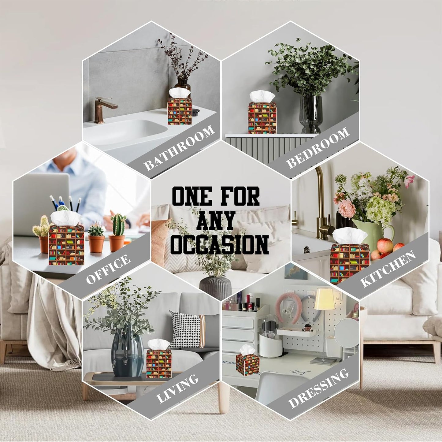 Books in Bookcase Tissue Box Cover Square, Library Shelves Tissue Box Holder Leather Facial Paper Case Decorative Organizer Holder Dispenser Home Office Car Decor