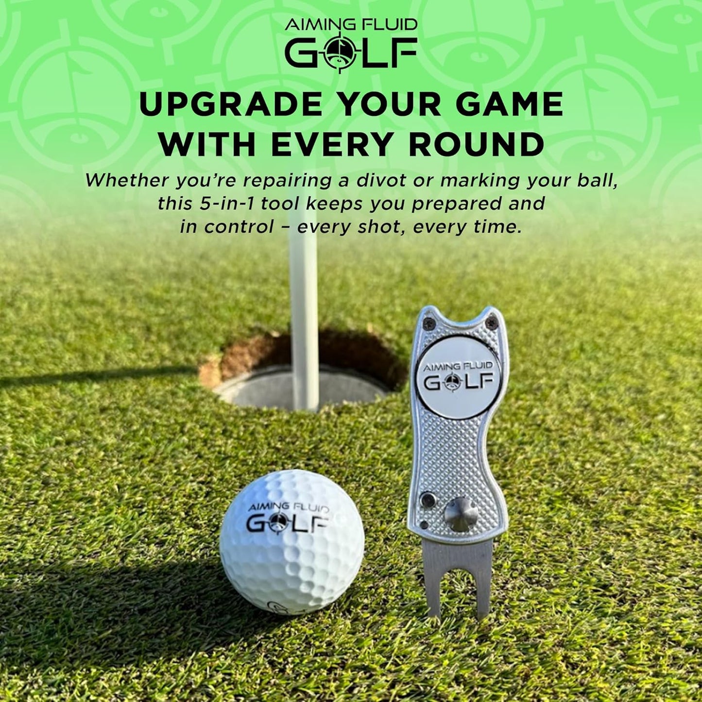 Golf Divot Repair Tool — 5-in-1 Golfing Ball Marker, Pitch Mark Repair, Putting Alignment, Club Tee, and Groove Cleaner, Accessory Metal Switchblade Design - Ideal Gift for Golfers