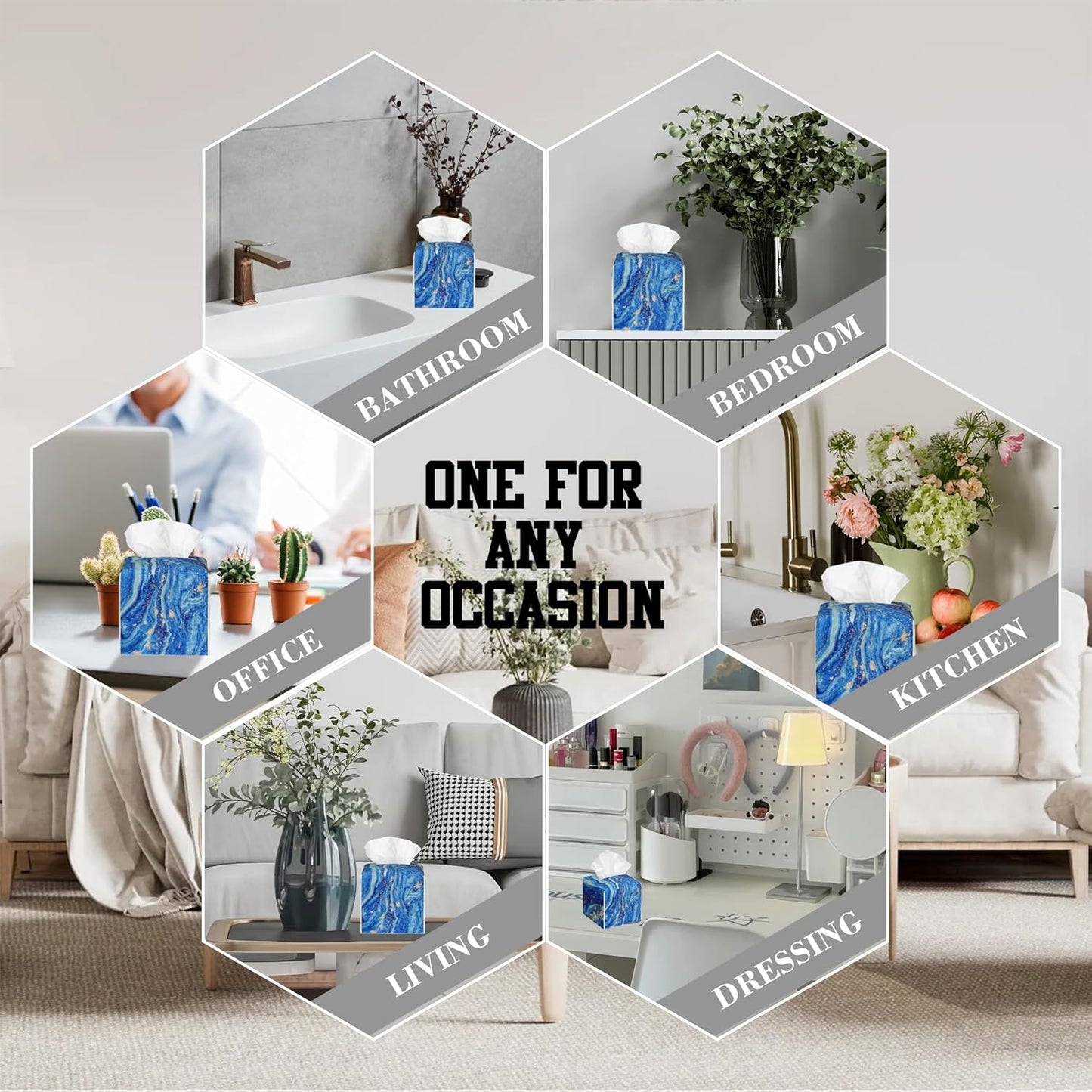 Blue and Gold Liquid Marble Tissue Box Cover Square, Tissue Box Holder Leather Facial Paper Case Decorative Organizer Holder Dispenser Home Office Car Decor