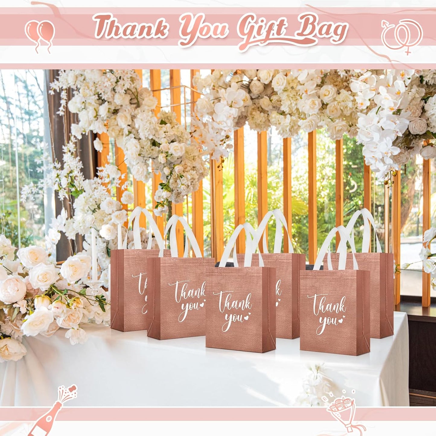 Sweetude 30 Pcs Thank You Gift Bags with Handles Bulk Reusable Goodie Bag Non Woven Foldable Handbag for Graduation Wedding Bridesmaid Gifts(10 x 8 x 4 Inch,Rose Gold)