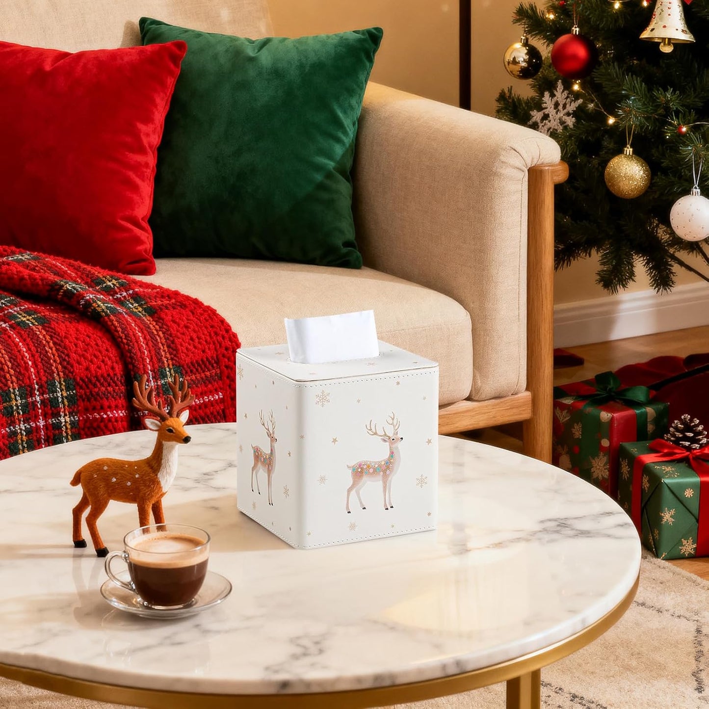 Christmas Tissue Box Cover Square, PU Leather Tissue Box Holder with Magnetic Closure for Bathroom Livingroom Bedroom, Christmas Decorations Cube Tissue Holder (Reindeer)