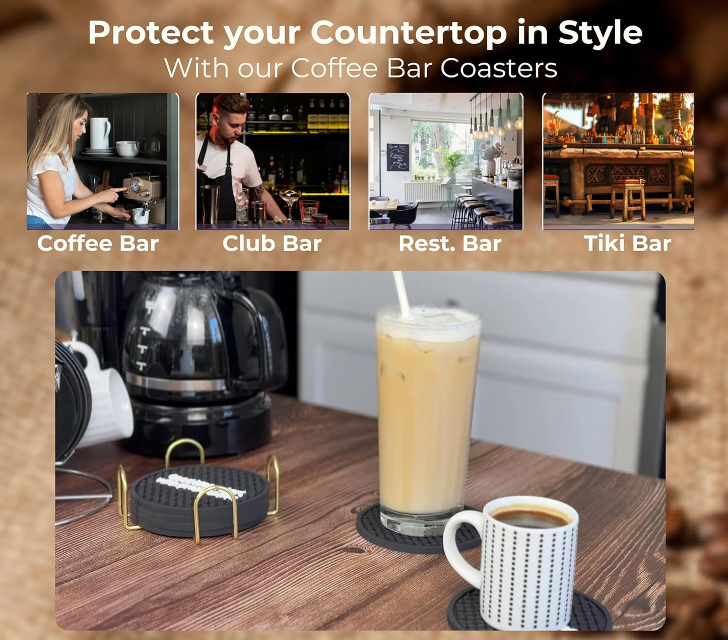 Coffee Coasters Set of 6 for Bar Decor and Bar Accessories, But First Coffee Decor Funny Silicone Coasters with Gold Holder, Coaster 6 Pack, Tiki Bar Drink Coaster for Outdoor Decorations