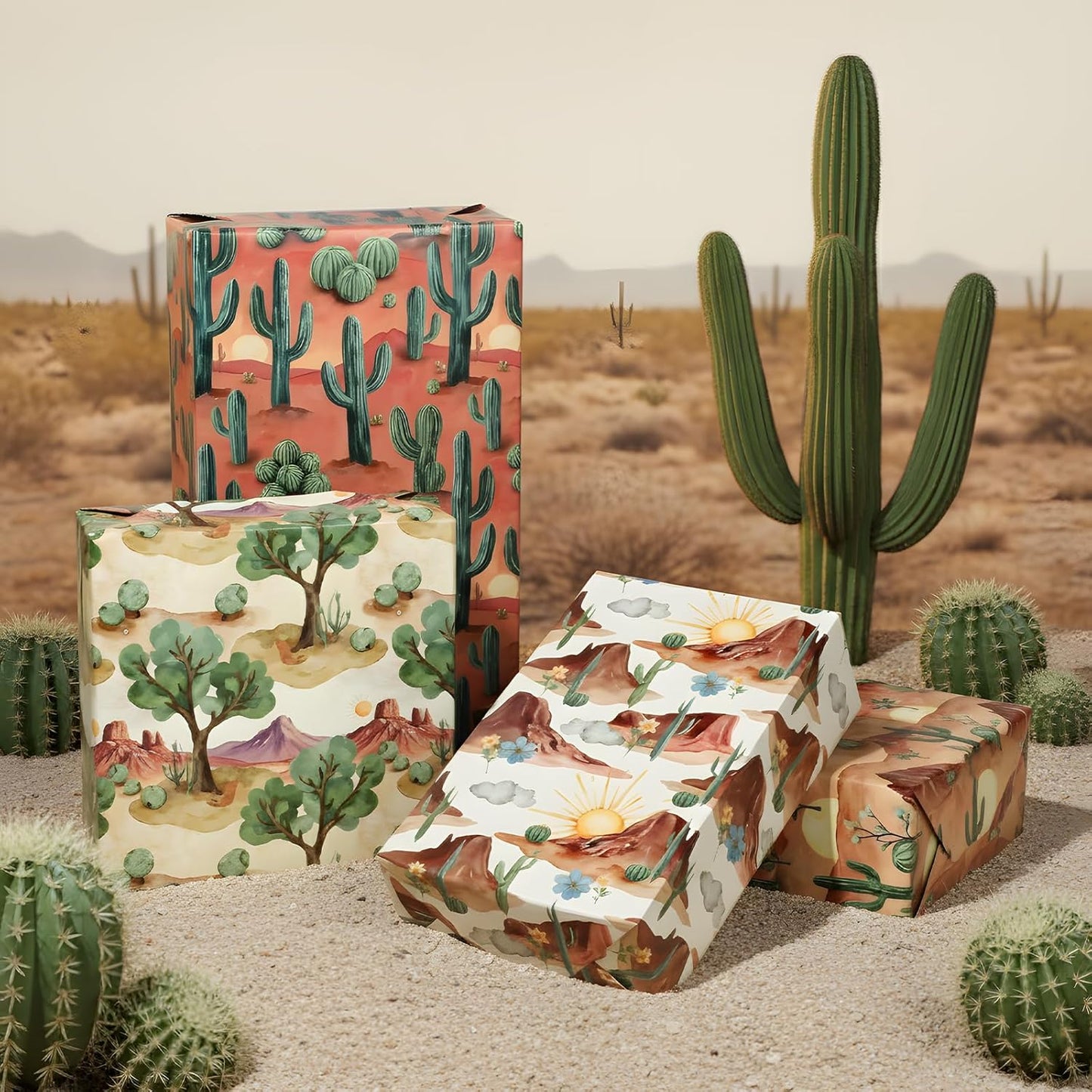 Pineraap Desert Wrapping Paper 12 Sheets Cactus Weatern Design Gift Wrap for Birthday,Holiday,20"×28"