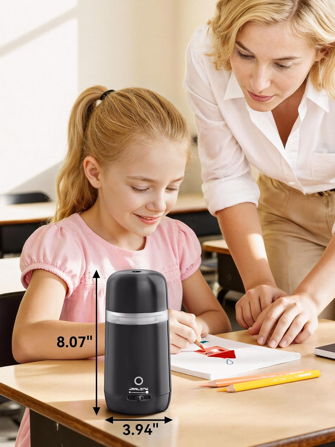 JARLINK Automatic Electric Pencil Sharpener - Hands-Free Operation, 3 Sharpness Modes, 3-Second Sharpening, Rechargeable & Portable for 7-12mm Pencils, Ideal for Classroom and Home Use (Black)