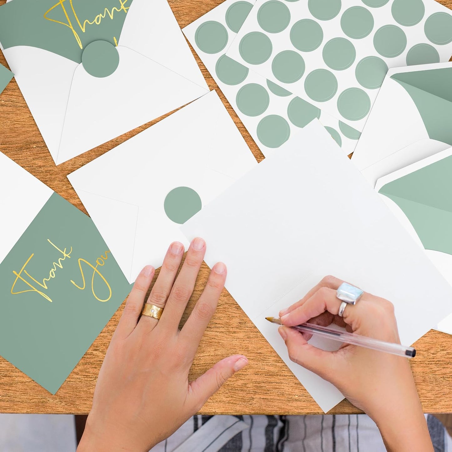 VNS Creations Gold Foil Thank You Cards With Envelopes Bulk Set & Stickers - 100 Pack 4x6 Blank Thank You Notes - Large Note Card Small Business, Wedding, Baby Shower & Bridal Shower - Granite Green